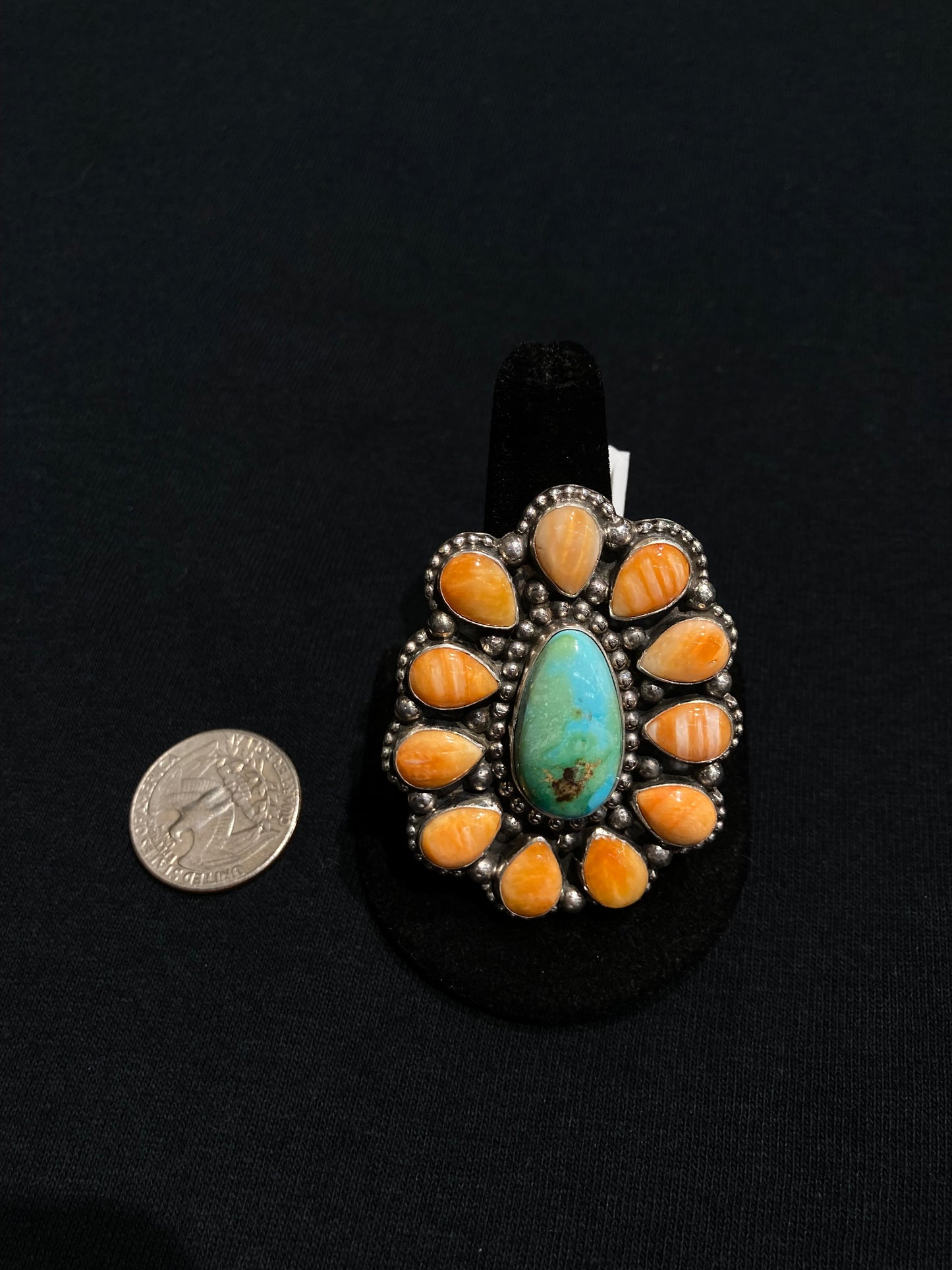 10.0 Sonoran Gold Turquoise and Orange Spiny Oyster Shell Cluster Ring by Sheila Becenti, Navajo