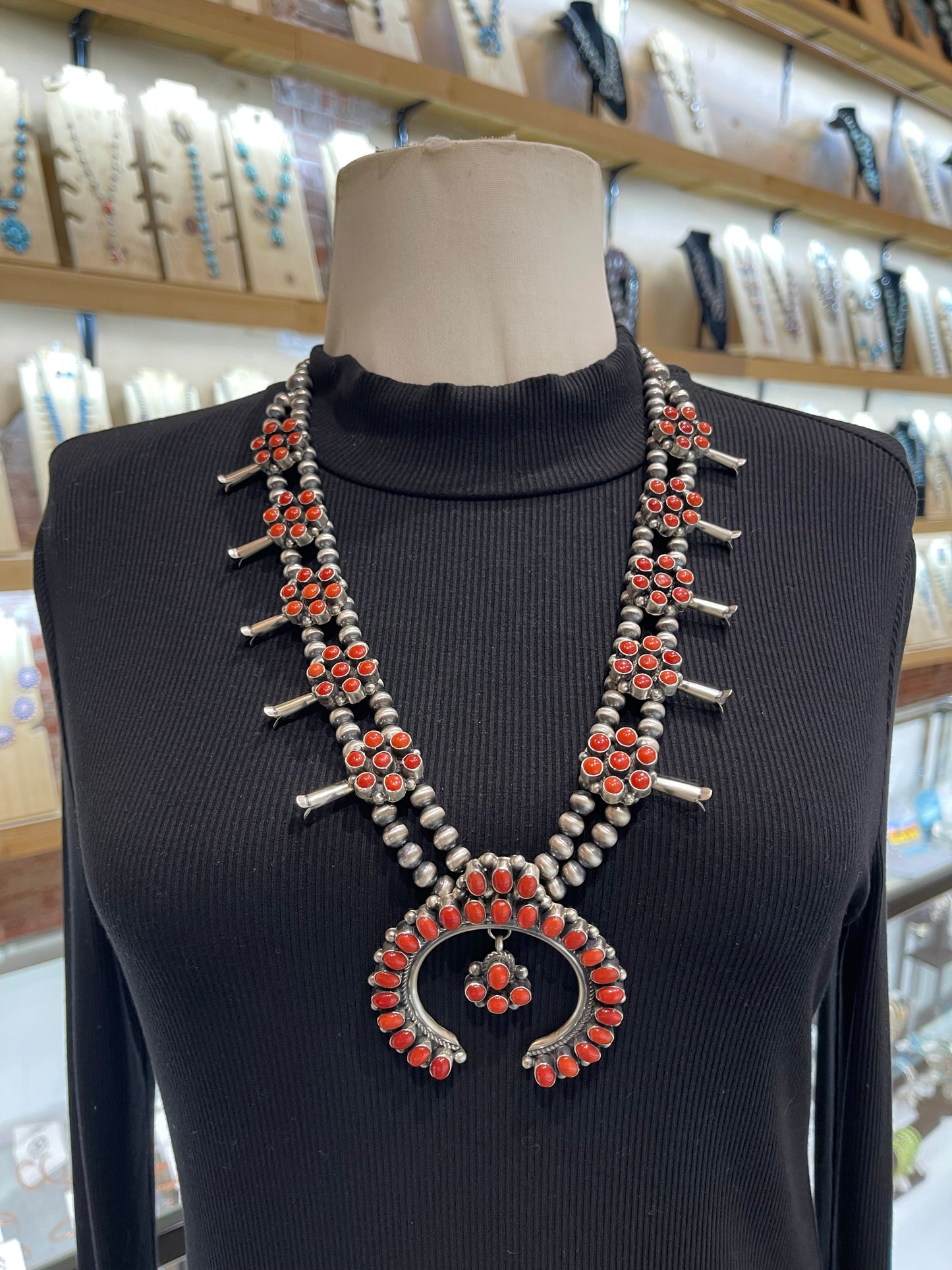 26" Red Coral Squash Blossom Necklace & Earring Set by Kathlyn Yazzie, Navajo