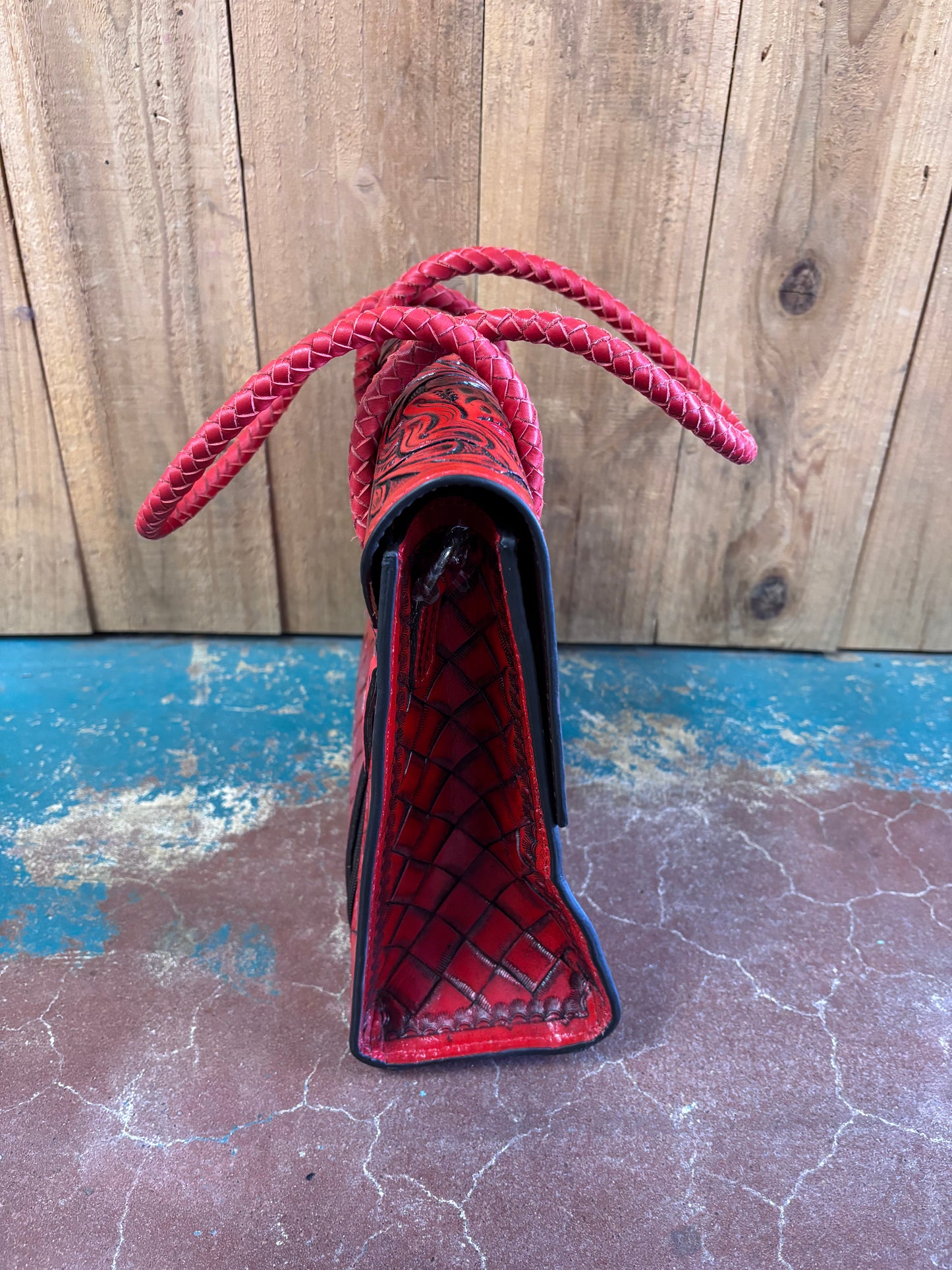 Red Flower Tooled Handbag Purse