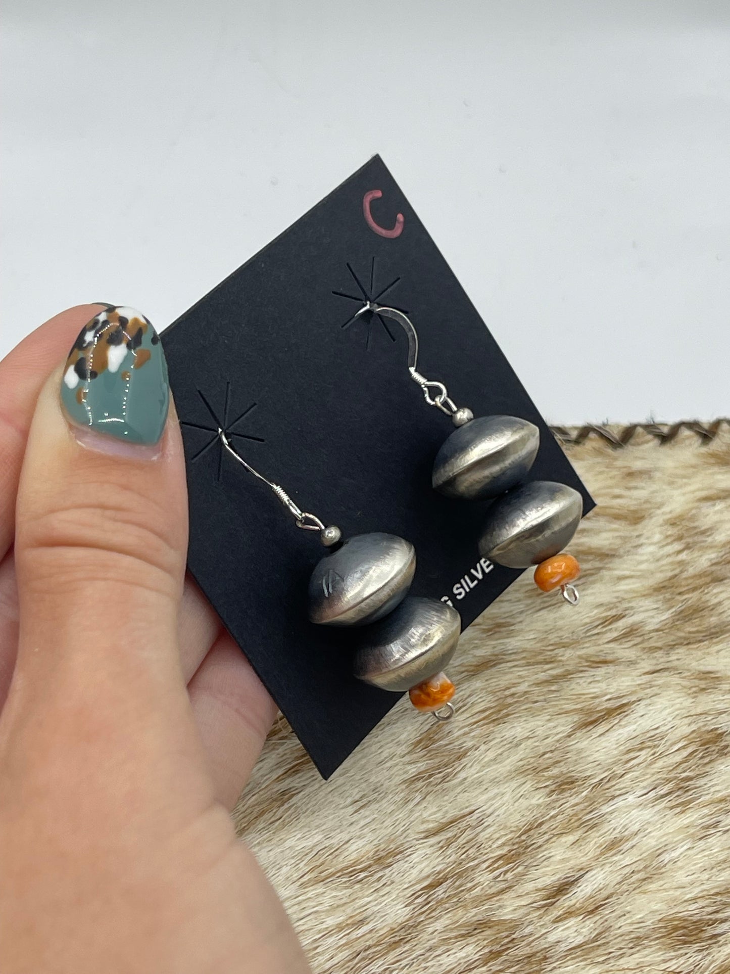 Handmade Navajo Pearl Orange Spiny Oyster Dangle Earrings by Tysha Aparicio, Navajo