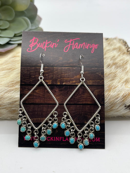 Turquoise Fringe Picture Frame Dangle Earrings, Zuni Made