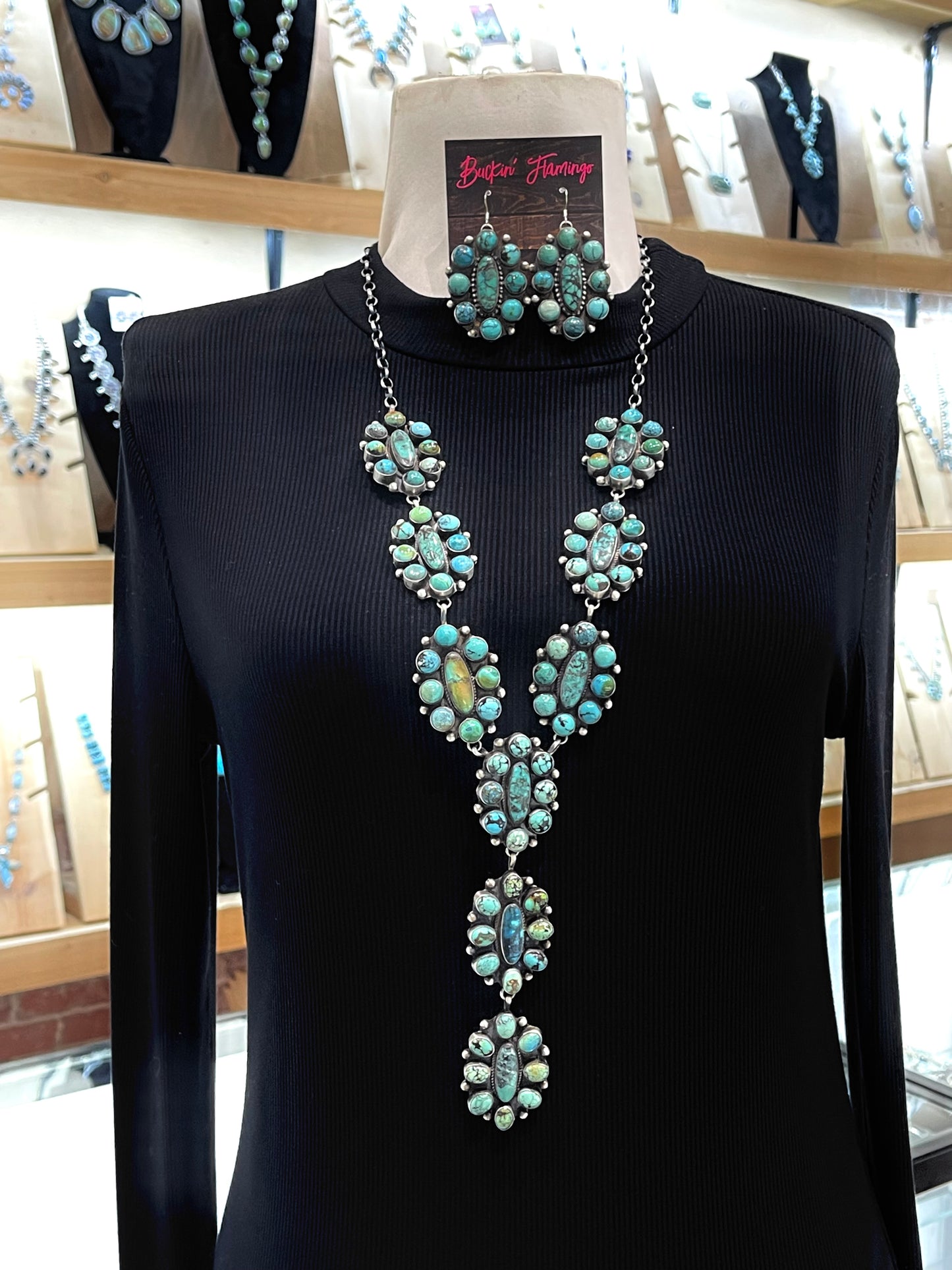 28" + 6" Drop Mixed Mine Turquoise Cluster Lariat Necklace with Earrings