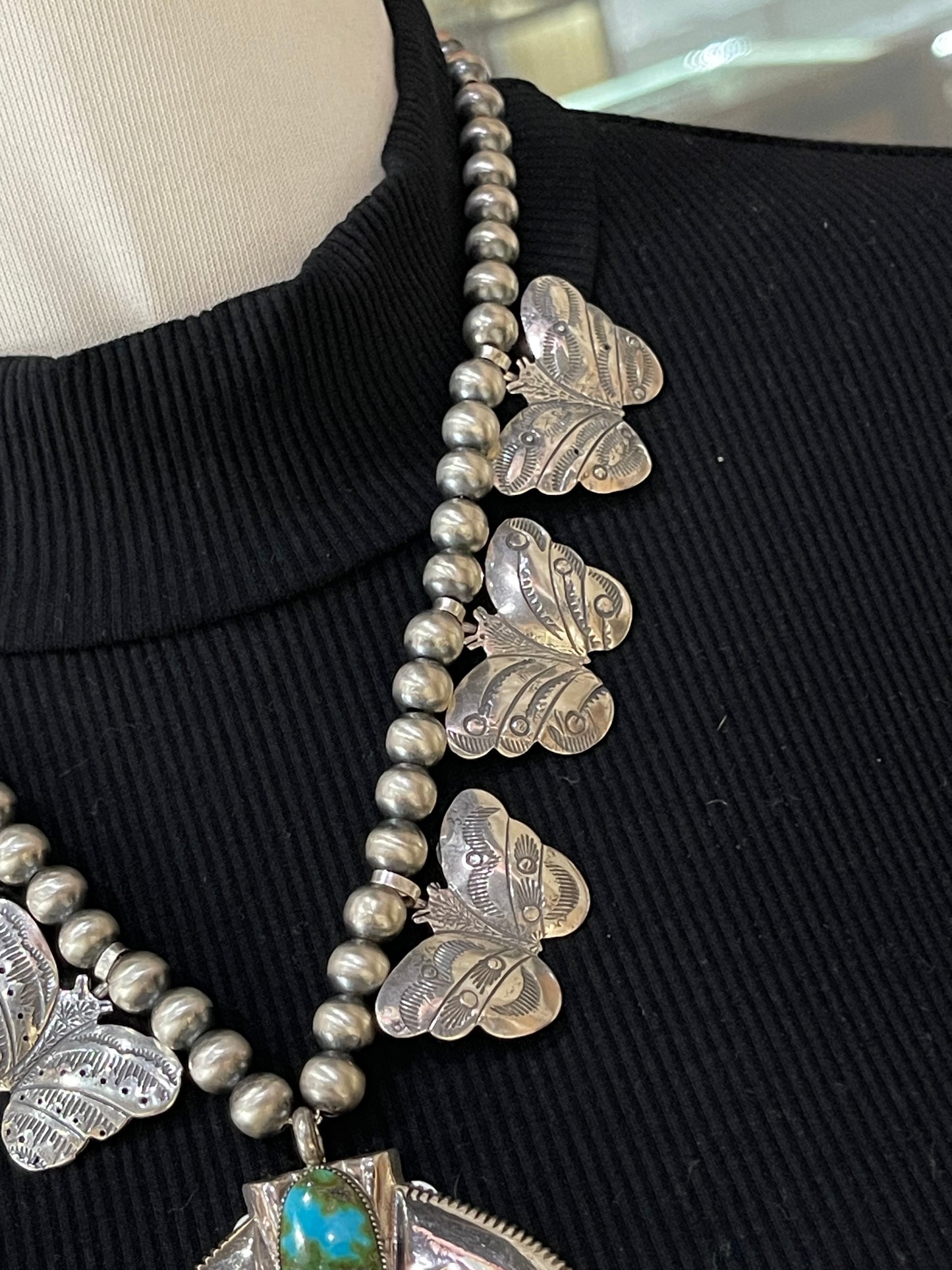 22"+3" Sonoran Gold Turquoise Naja and 8mm Navajo Pearls Necklace with Butterflies, Navajo