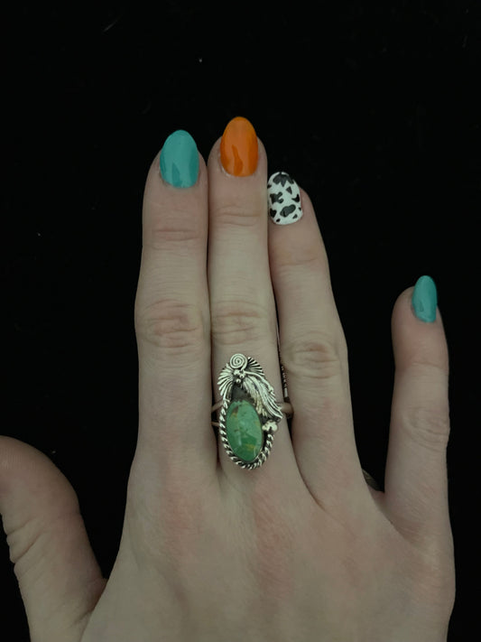 8.0 Green Turquoise Ring by Gwendolyn Barnside, Navajo