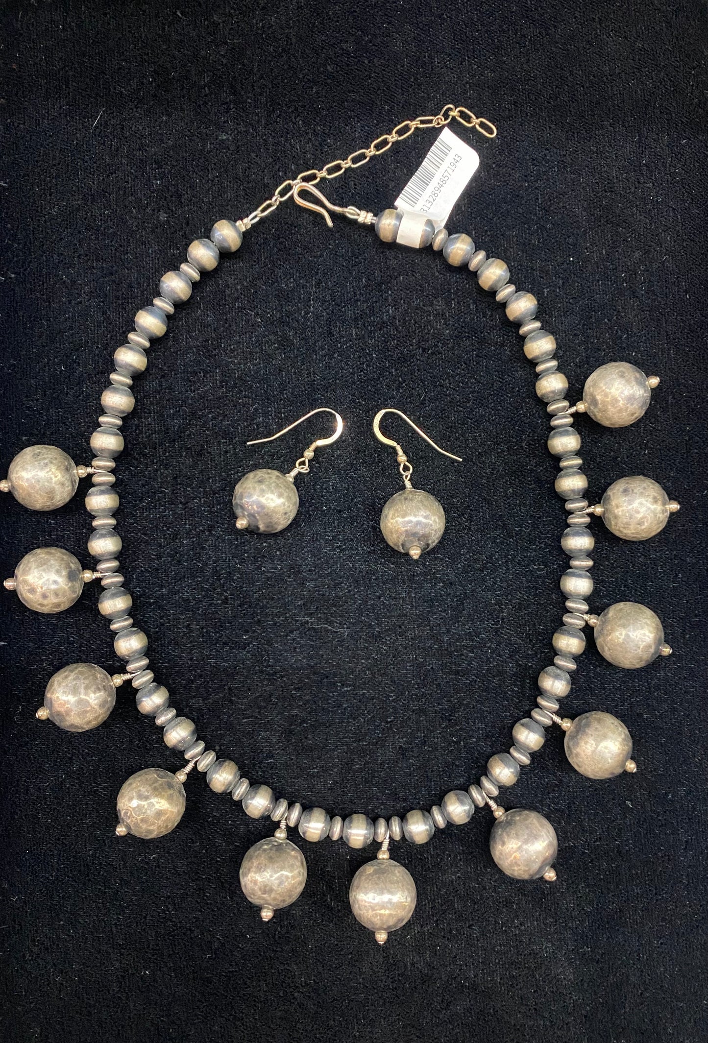 17" 8mm Navajo Style Pearl with Textured Sterling Silver Beads Earring and Necklace Set