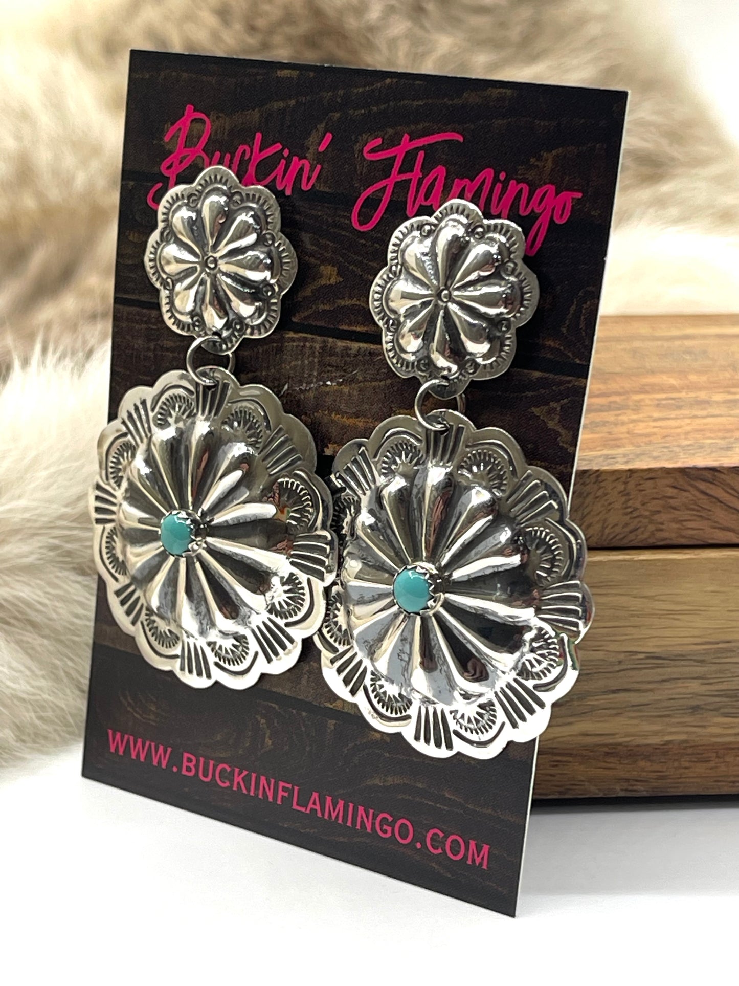 Double Concho Post Dangles with Turquoise by Genevieve Blackgoat, Navajo
