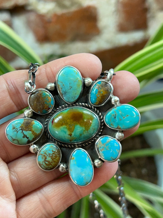17" Kingman Turquoise Cluster Necklace by Geraldine James, Navajo