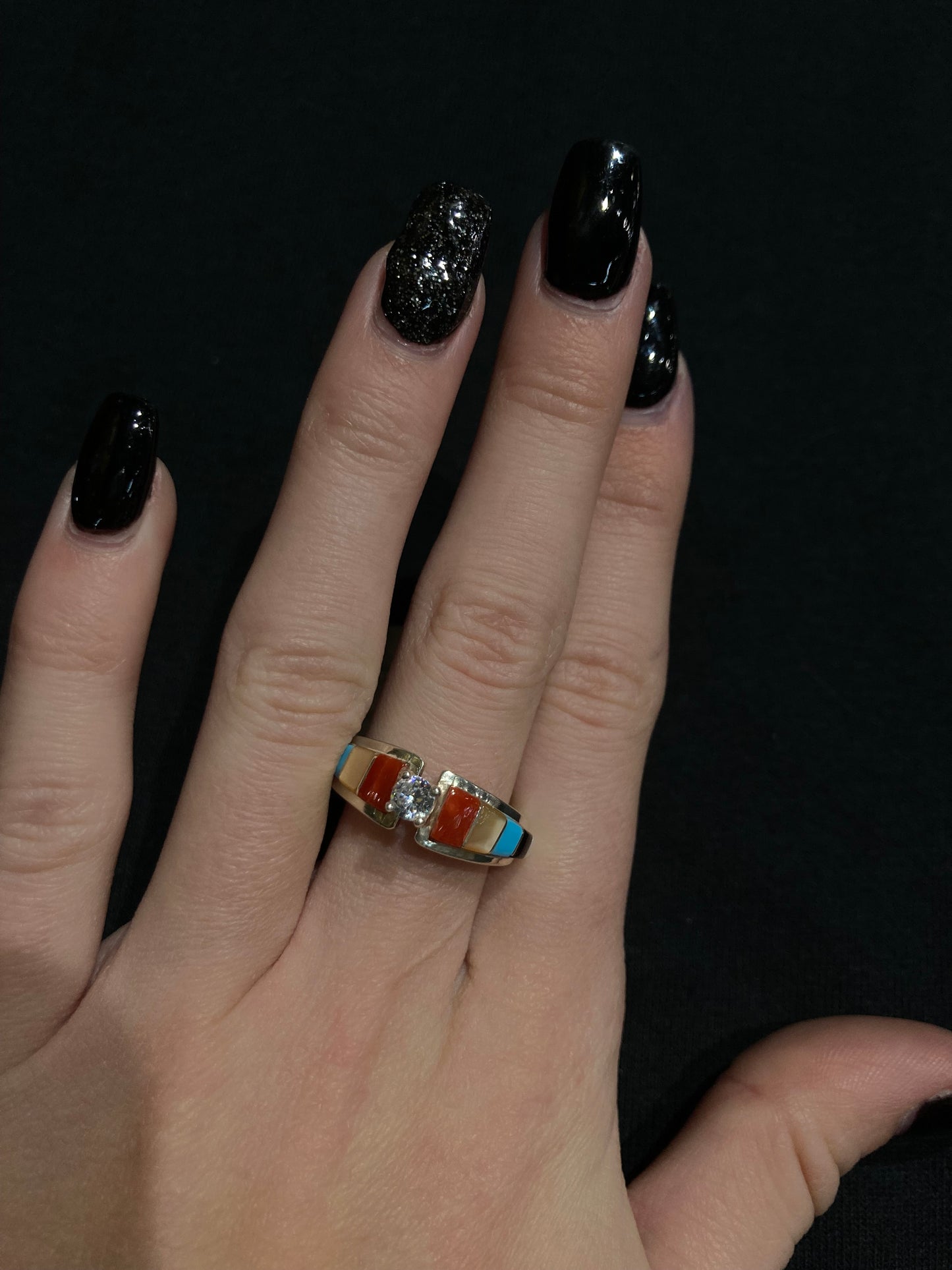 7.5 Multi Stone Inlay Ring by Marlene Sheyka, Zuni