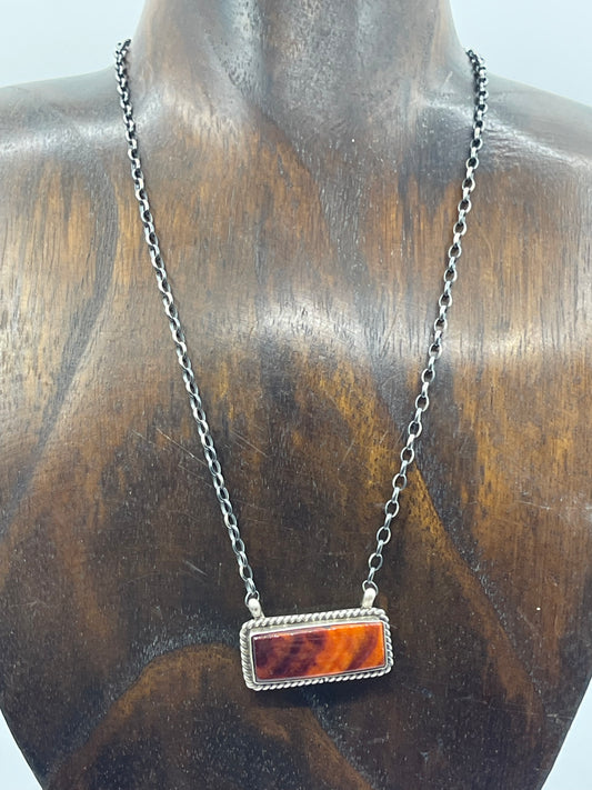 16" Dark Orange Spiny Oyster Shell Bar Necklace by Johnny Dixon, Navajo