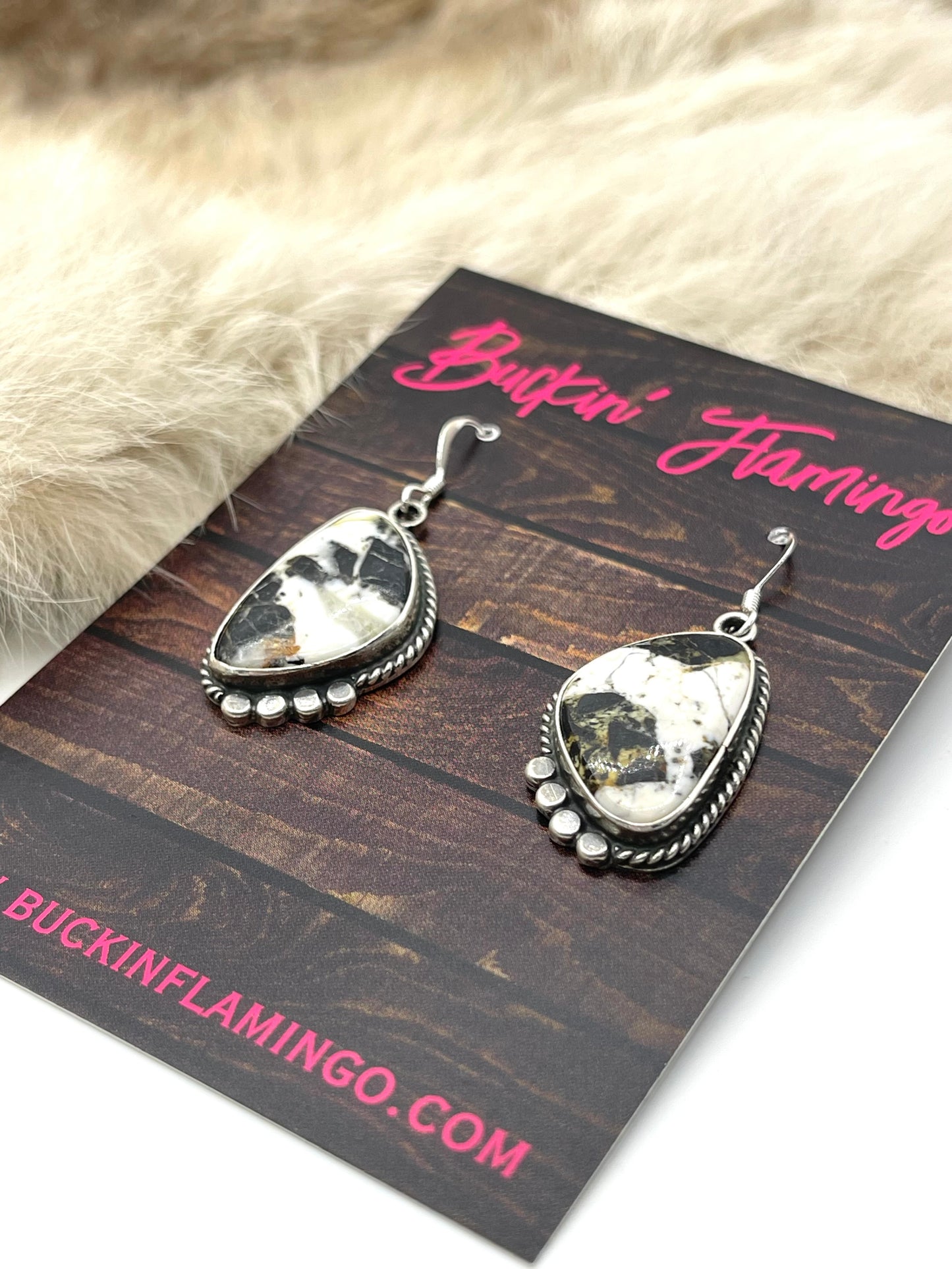 White Buffalo Dangle Earrings by Sharon McCarthy, Navajo