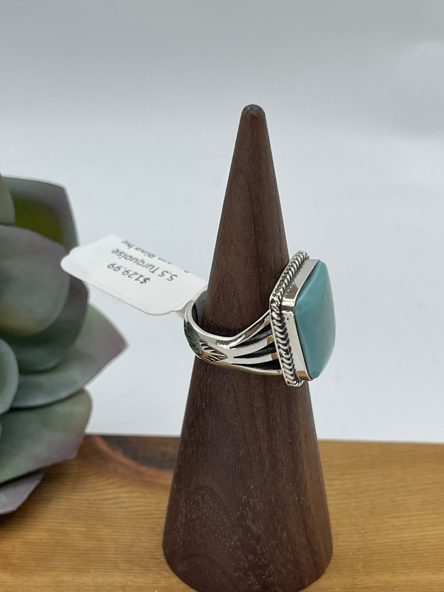5.5 Turquoise Square Ring by Sheena Jack, Navajo