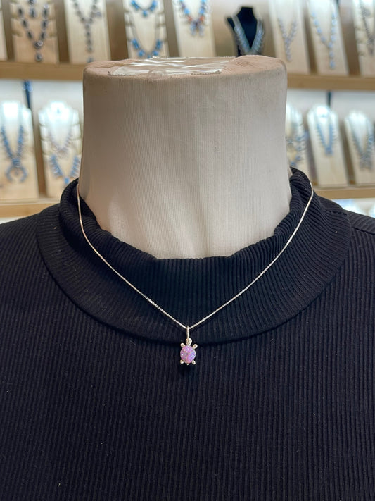 16" Pink Opal Turtle Pendant Necklace by Verona Vastatin, Zuni