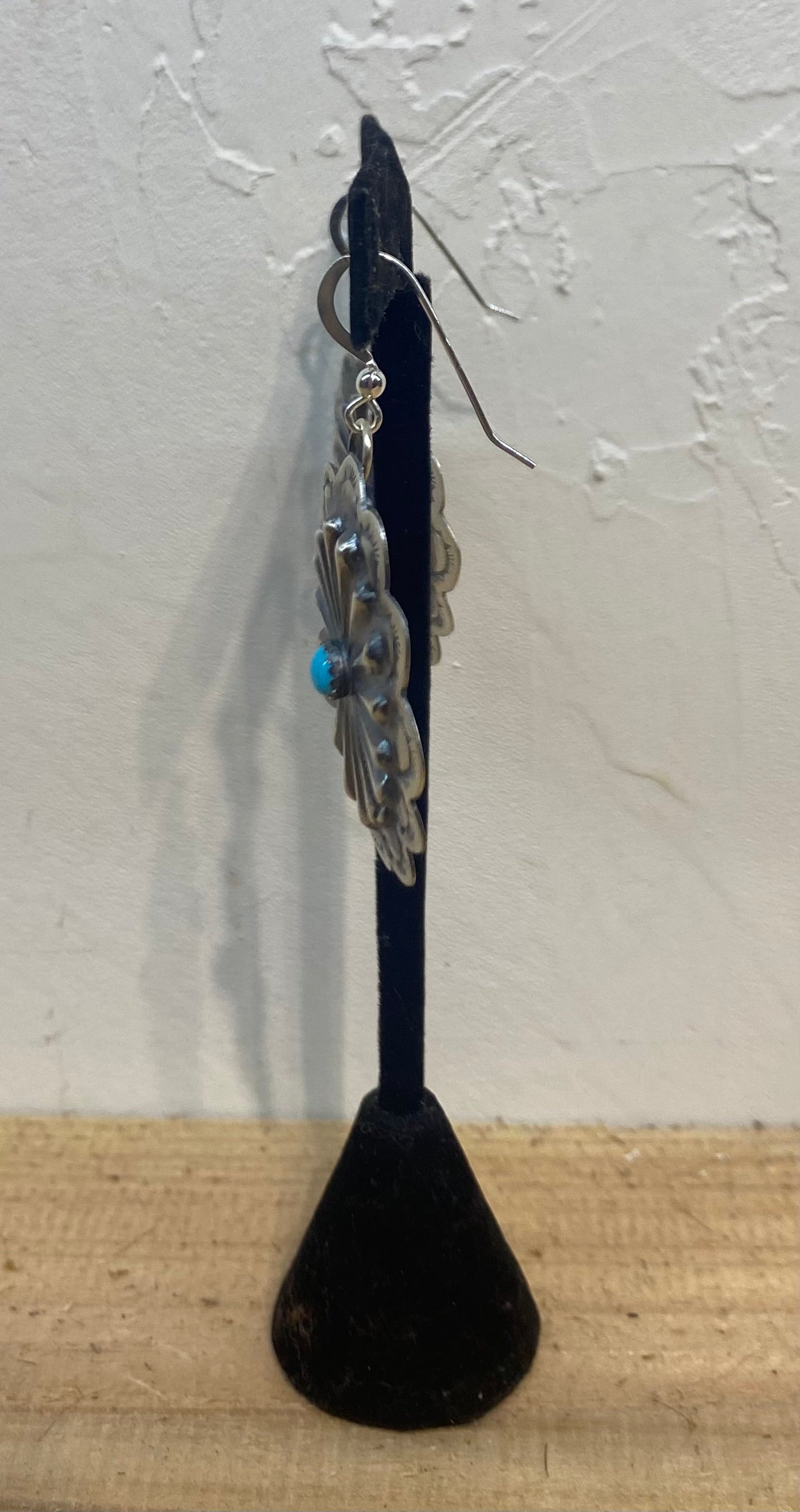 Hand Stamped Sterling Silver Concho with Sleeping Beauty Turquoise Dangle Earrings by Rita Daye