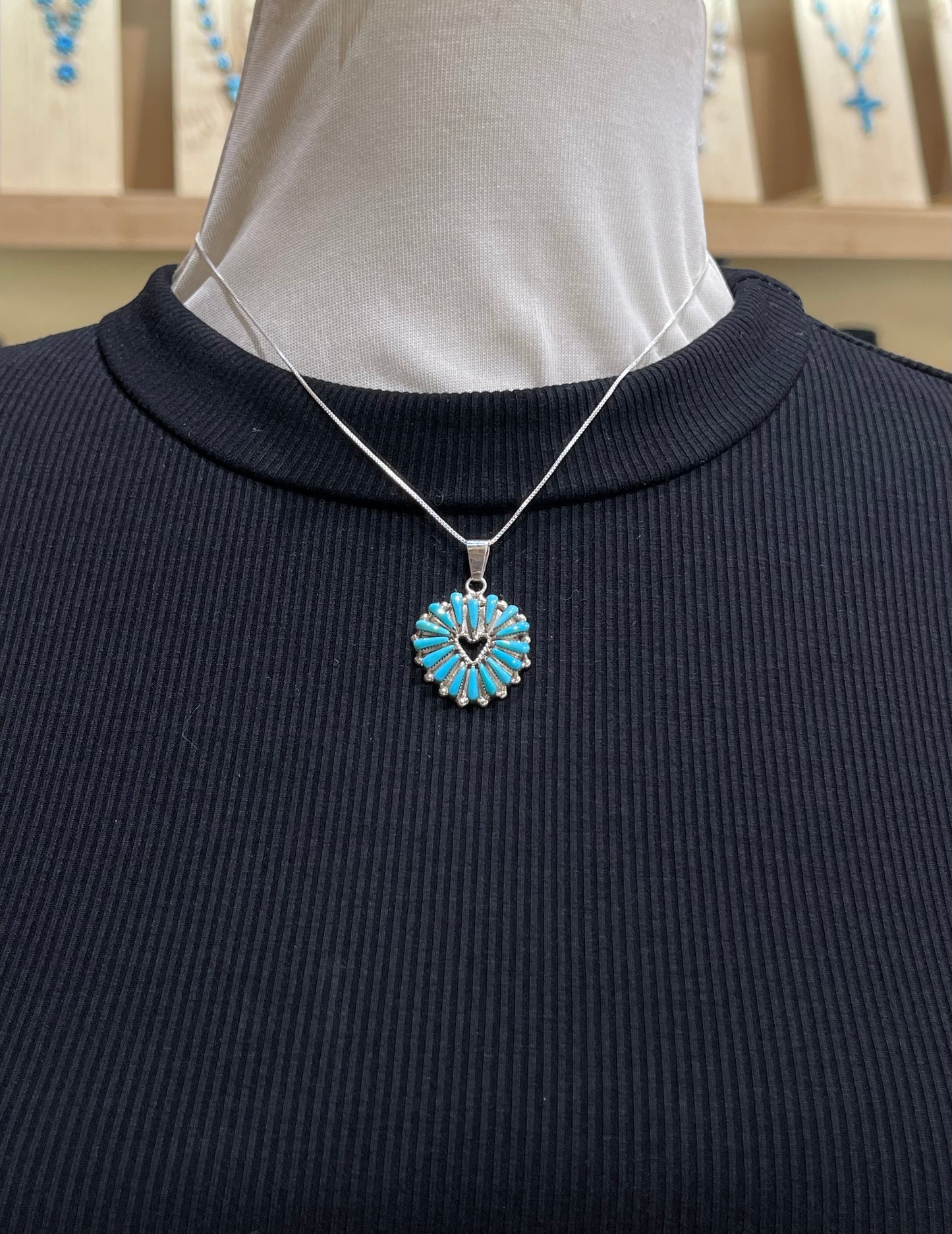 16" Turquoise Needlepoint Heart Necklace by Rebecca B. Laate, Zuni