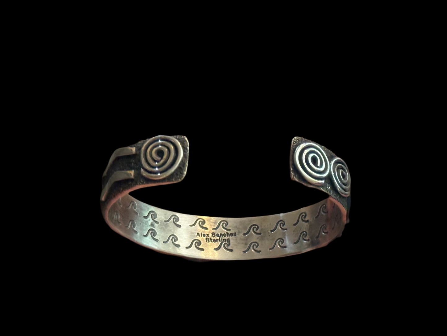 Petroglyph Cuff with Blue Kingman Web Turquoise by Alex Sanchez, Navajo (narrow)