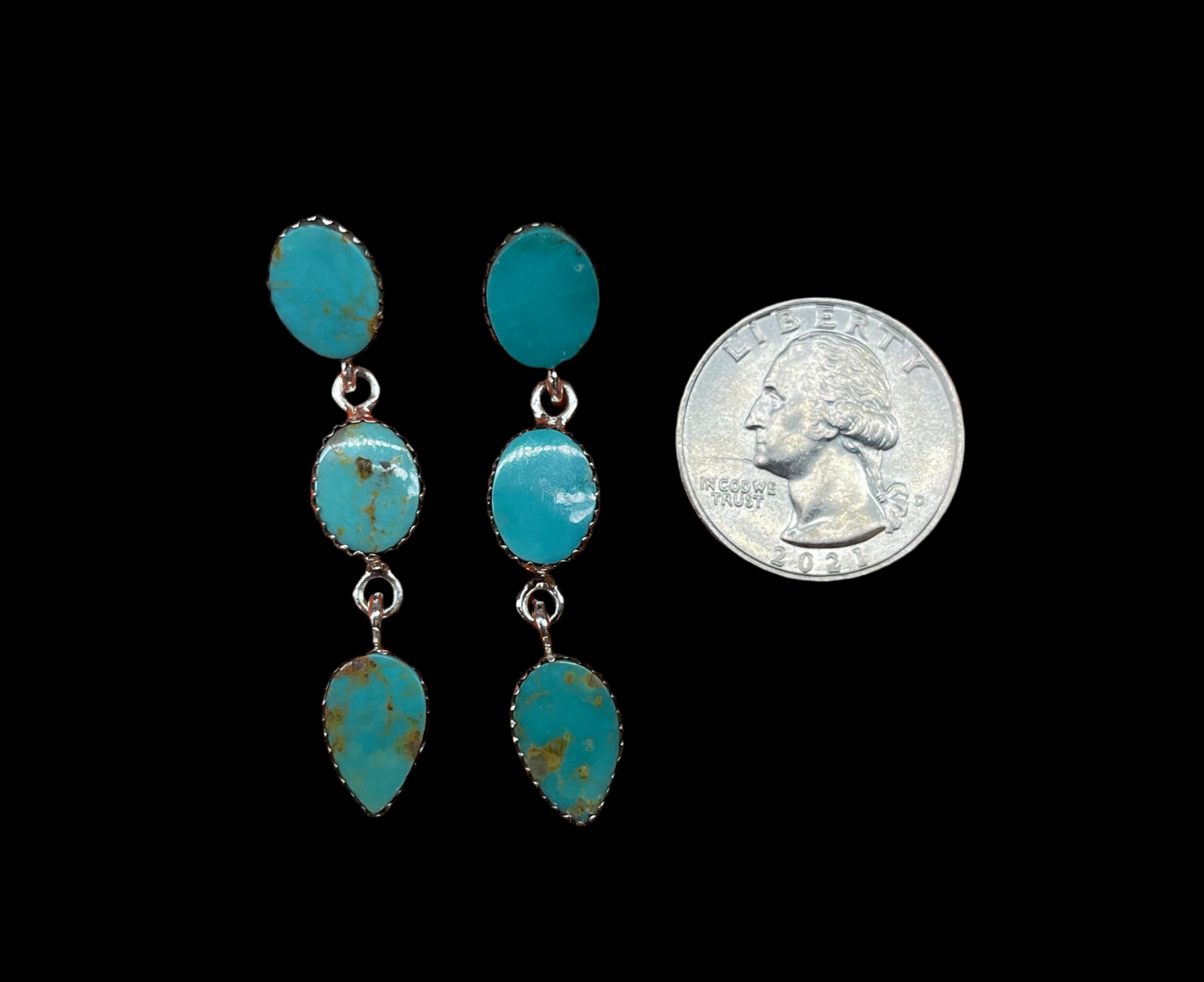 3 Stone Kingman Turquoise Post Dangle Earrings by Hada Collection