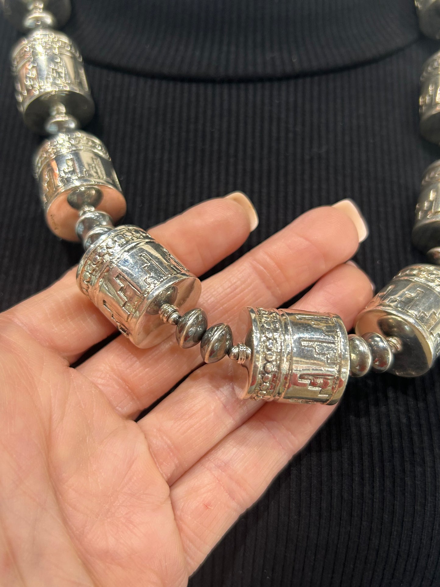 24" Machine Stamped Barrel Beads with Navajo Style Pearls Necklace
