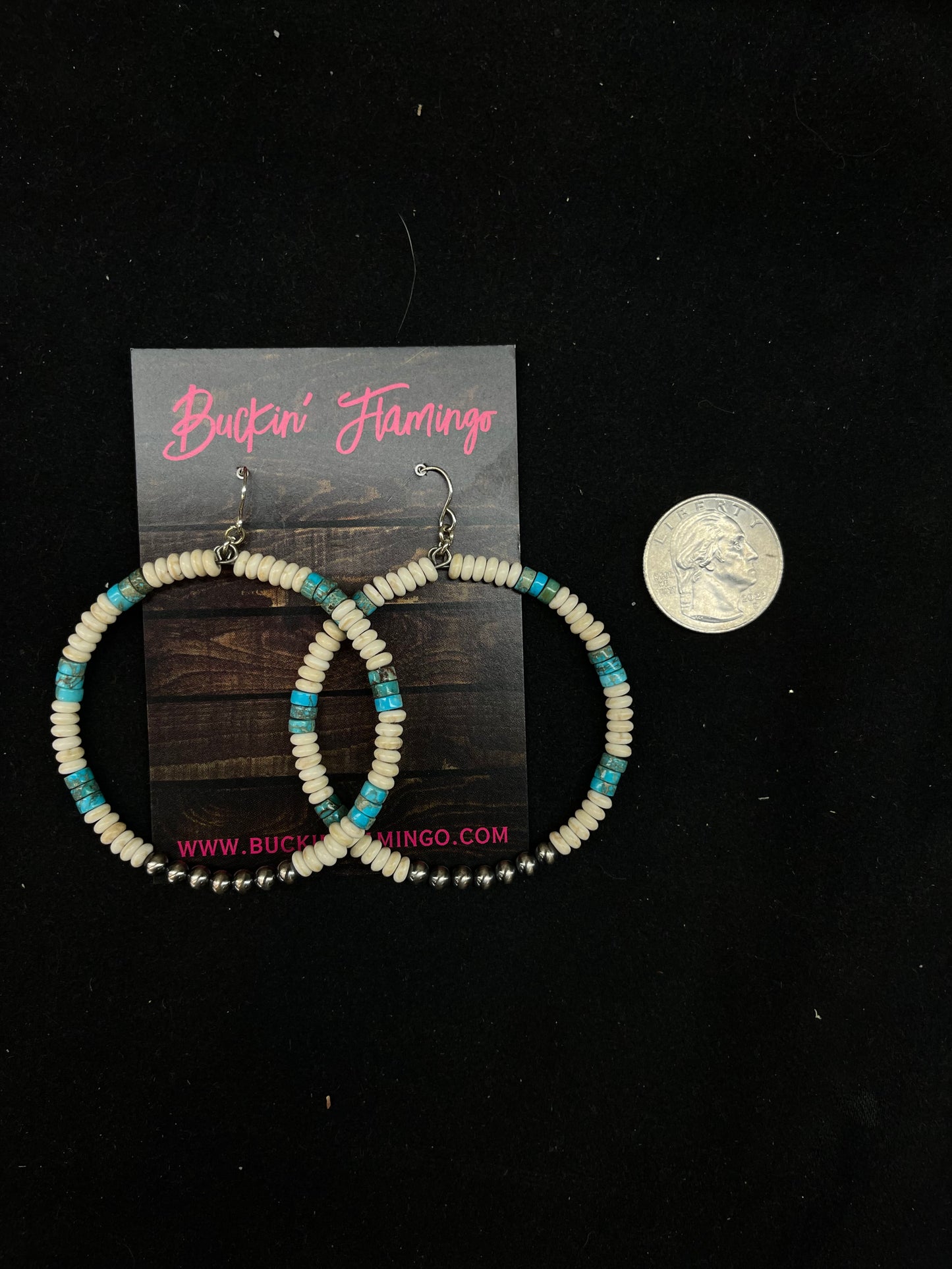 Turquoise Heishi, Melon Shell, and Navajo Pearl Dangle Hoop Earrings