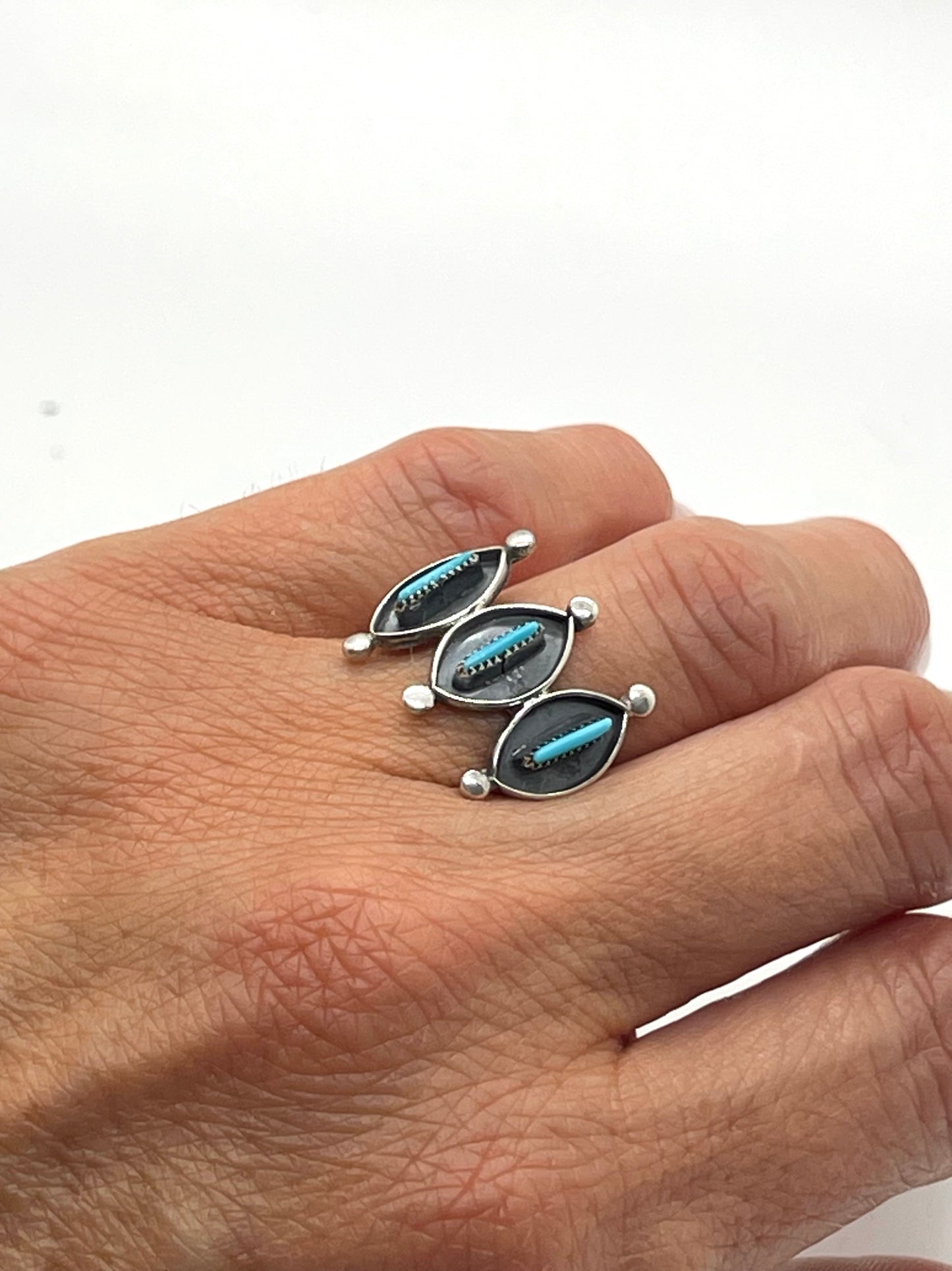5.0 3 Stone Needlepoint Turquoise Ring by Fernando Othole, Zuni