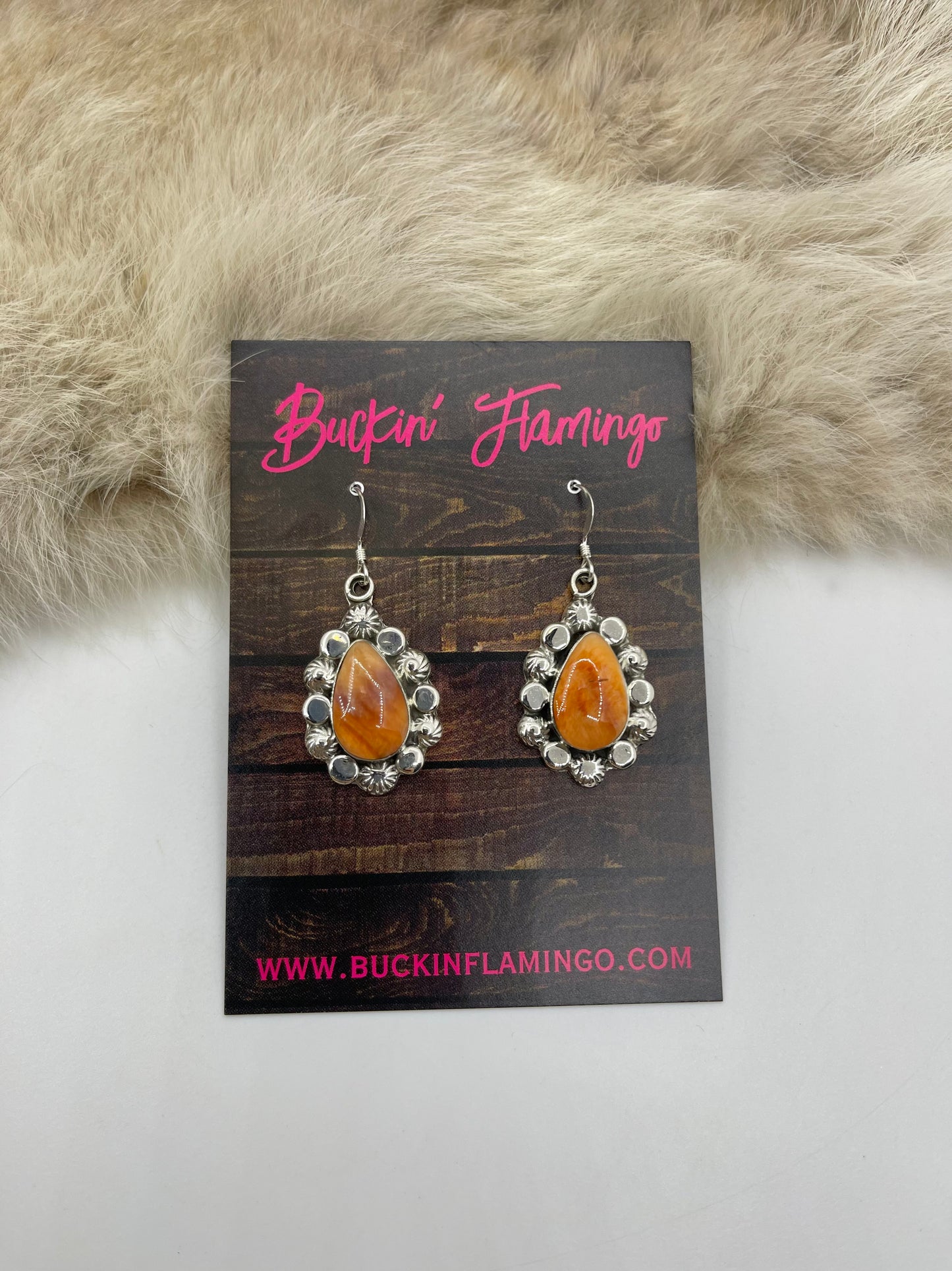 Orange Spiny Oyster Teardrop Earrings by Sheena Jack, Navajo