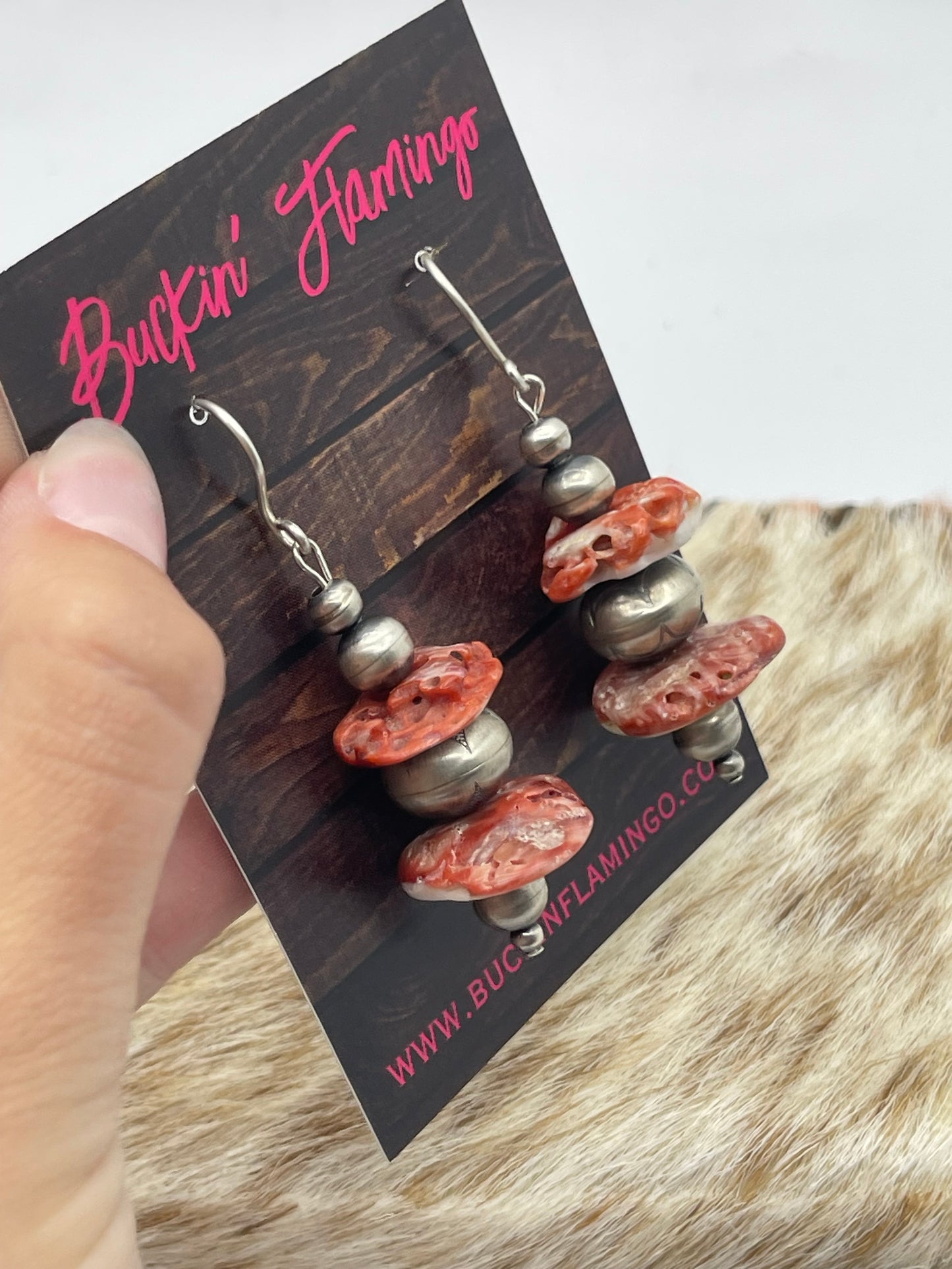 Red/Orange Spiny Oyster Shell and Navajo Pearls Dangle Earrings