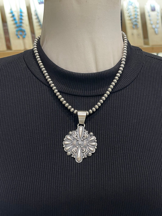 18" 5mm Navajo Style Pearls Silver Concho Pendant by Derrick Gordon, Navajo