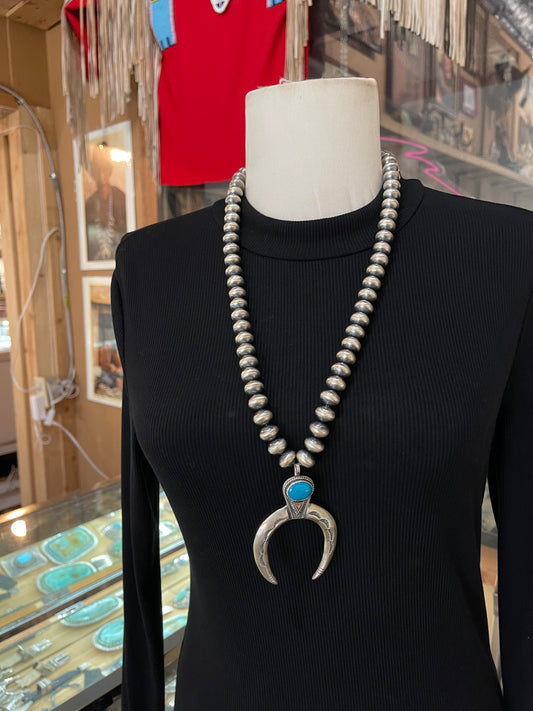 26" Turquoise Naja Pendant Necklace on 12mm Navajo Pearls