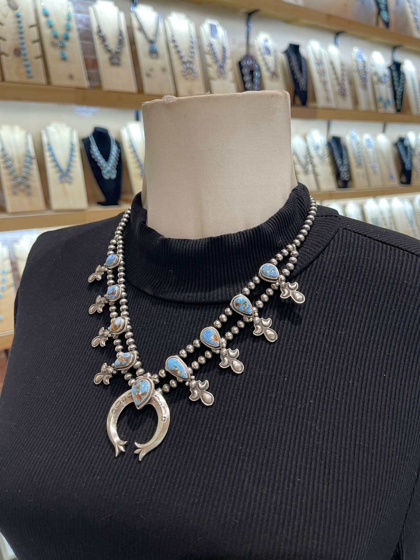 20” Golden Hills Turquoise Squash Blossom Necklace & Earring Set by Adrienne P. Gordon, Navajo
