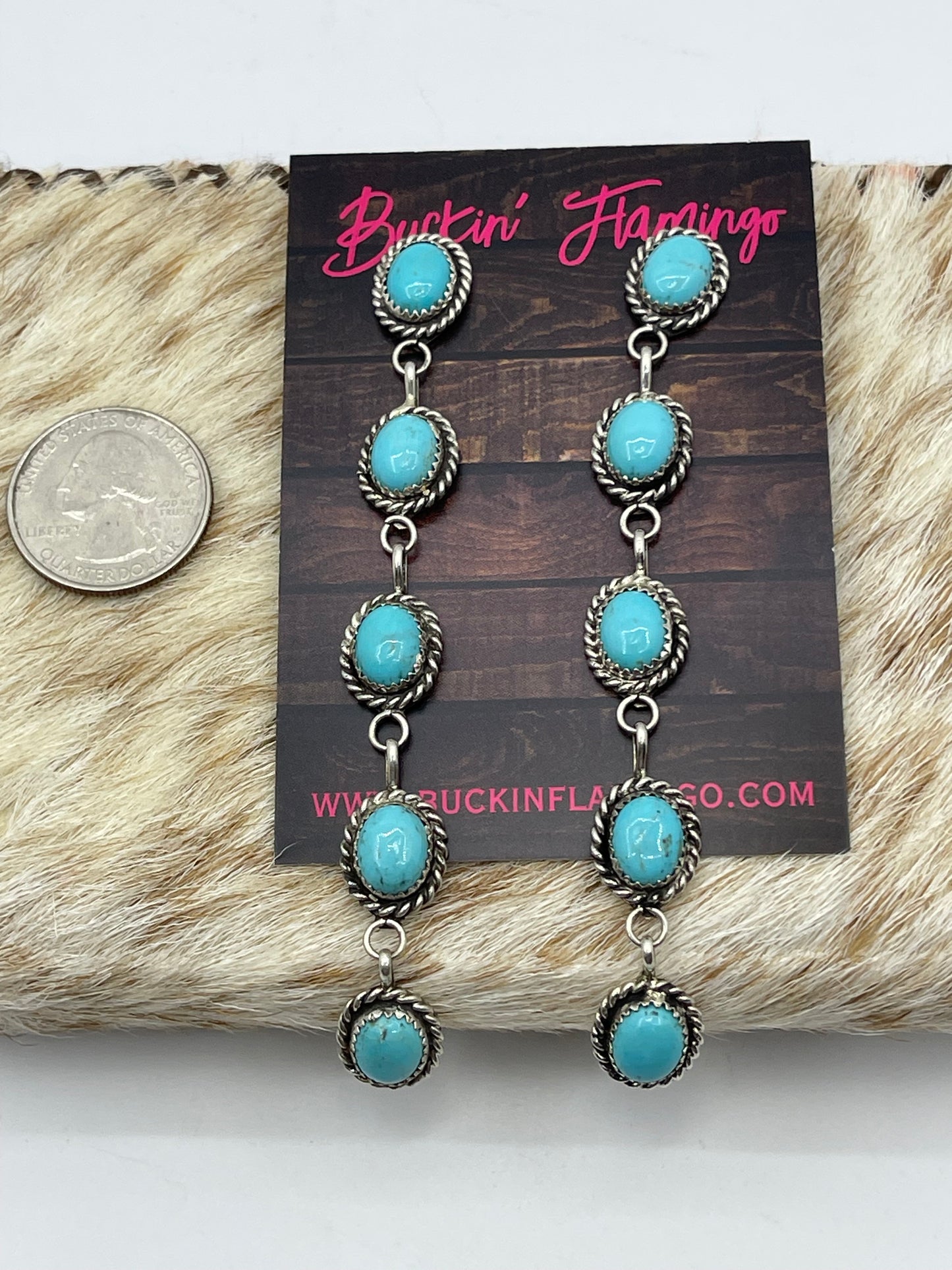 5 Stone Kingman Turquoise Post Dangle Earrings by Maxine Ramirez, Navajo