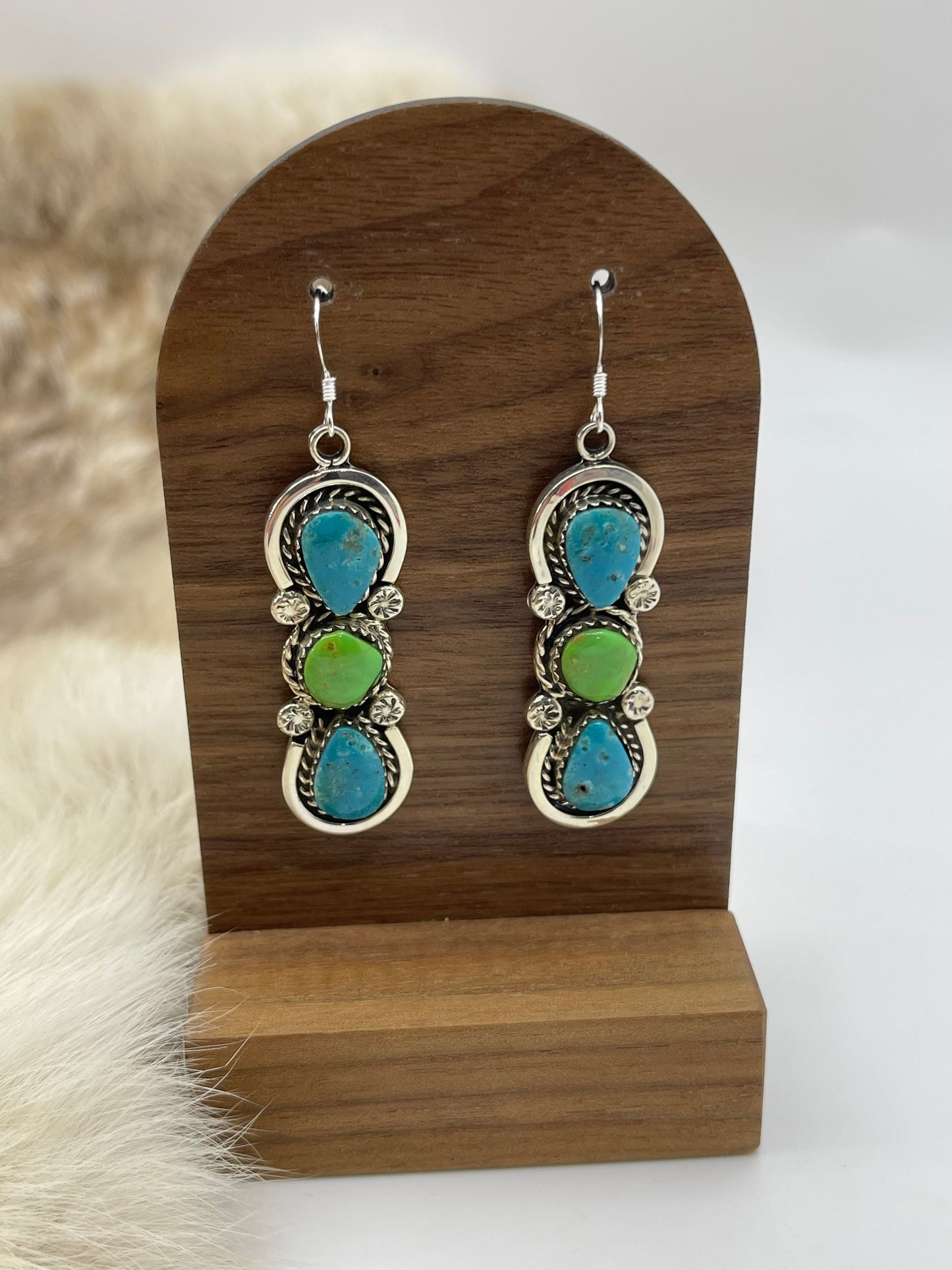 Kingman Blue Turquoise & Green Gaspeite 3 Stone Dangle Earrings by Marie Bahe, Navajo