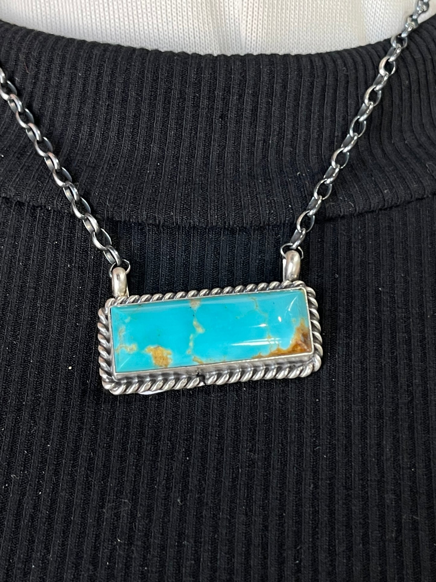 16" Blue Kingman Turquoise Bar Necklace by Johnny Dixon, Navajo