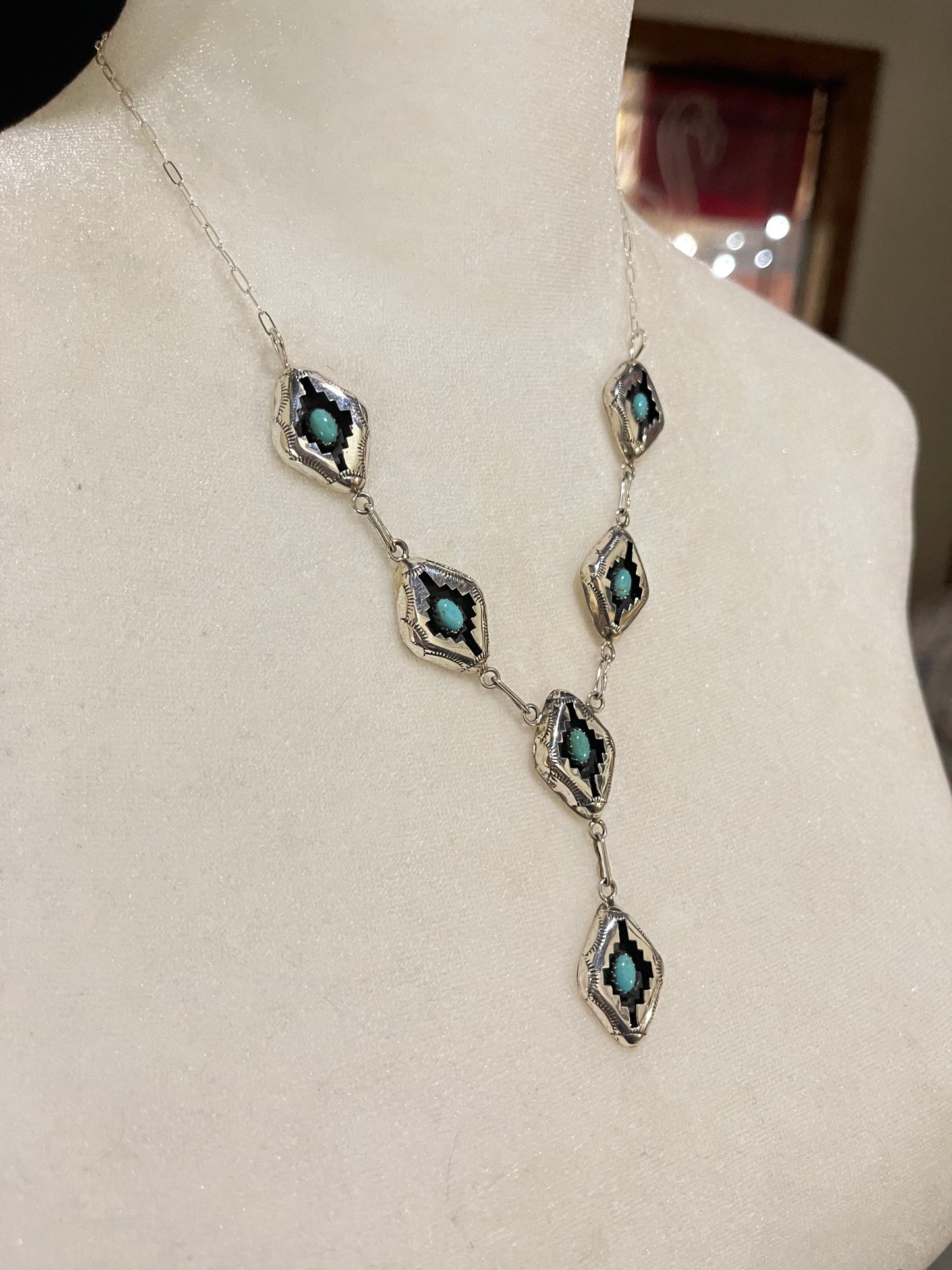 16" Turquoise Shadowbox Lariat Necklace and Post Earrings Set by Felix Perry, Navajo