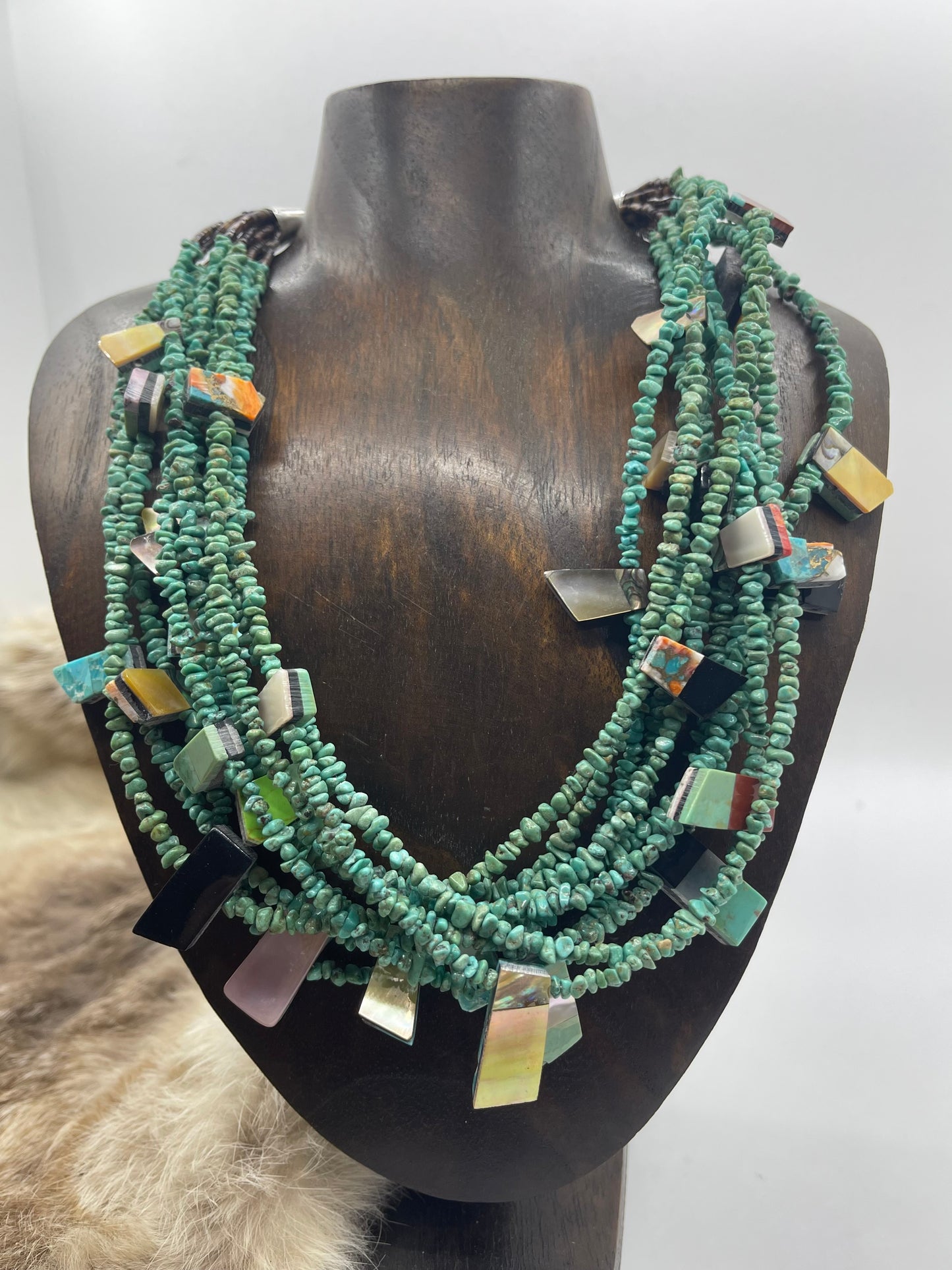 21" 10 Strand Turquoise with Inlay Slabs by Jolene Bird, Santo Domingo