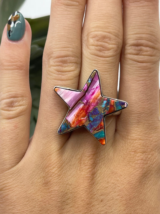Adjustable Orange Crush Star Ring by Donovan Skeets, Navajo