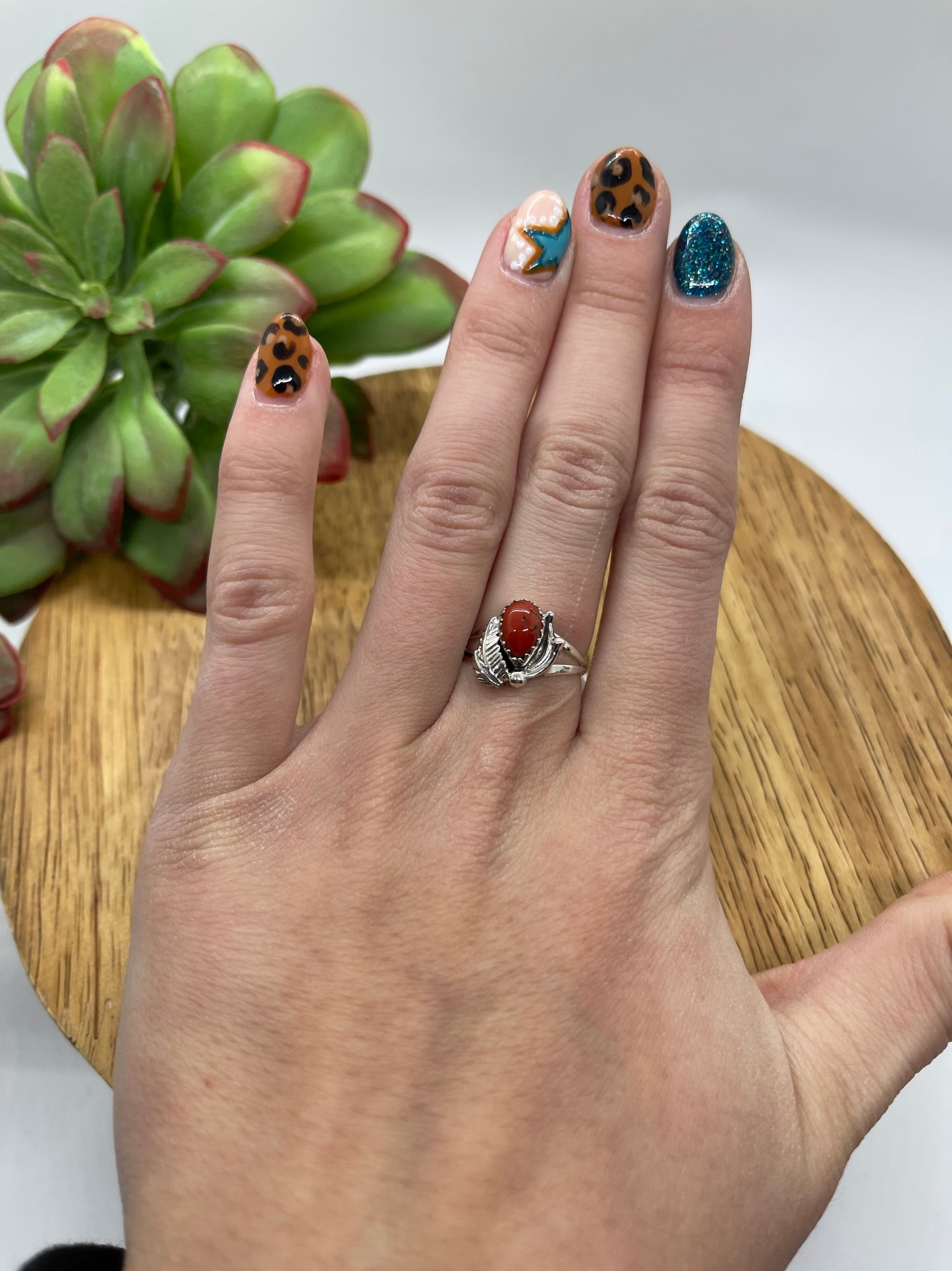 6.0 Dainty Red Coral Ring by Theresa Smith, Navajo