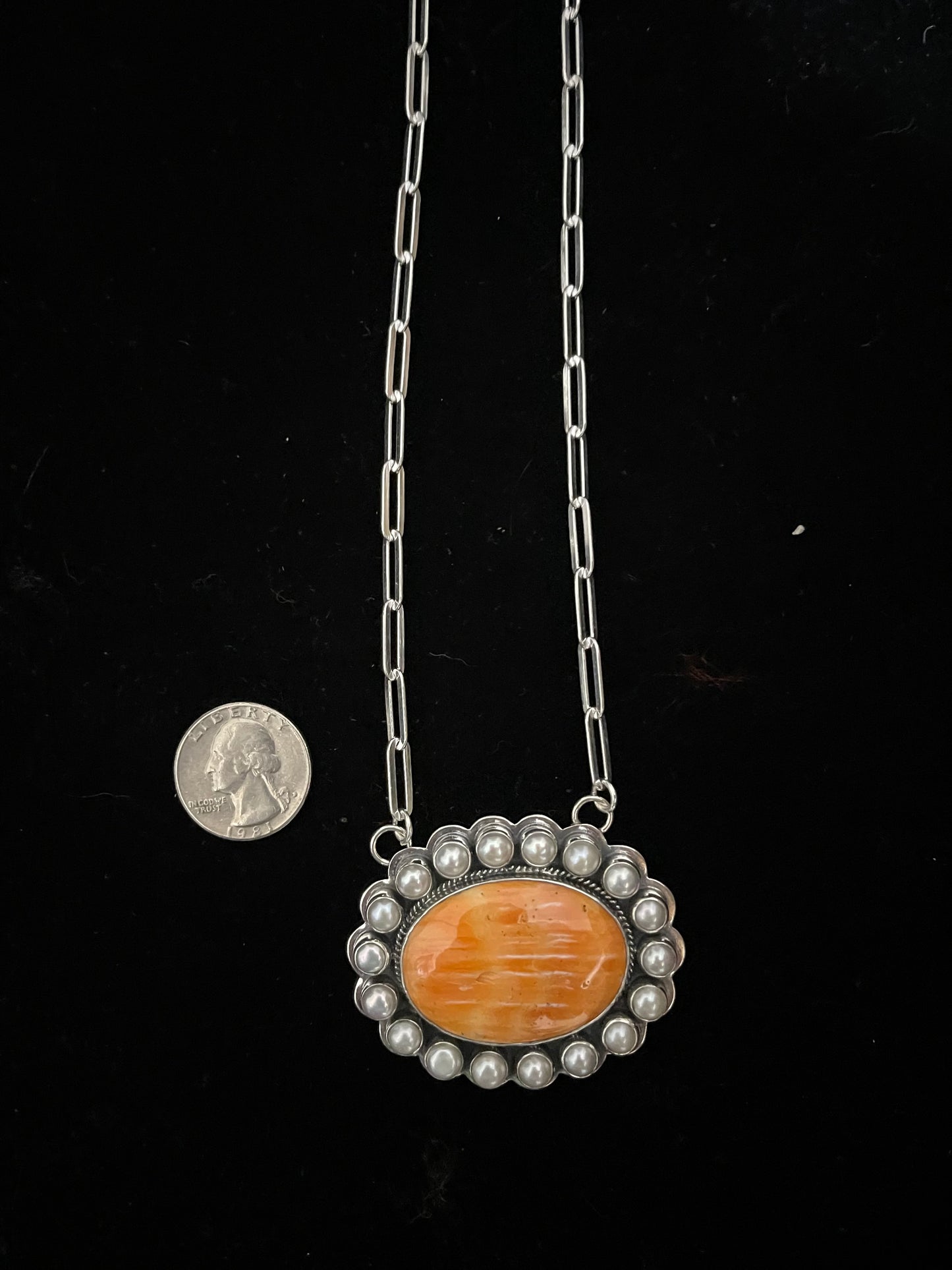 18" Orange Spiny Oyster Shell and Fresh Water Pearls Cluster Necklace, By Zia