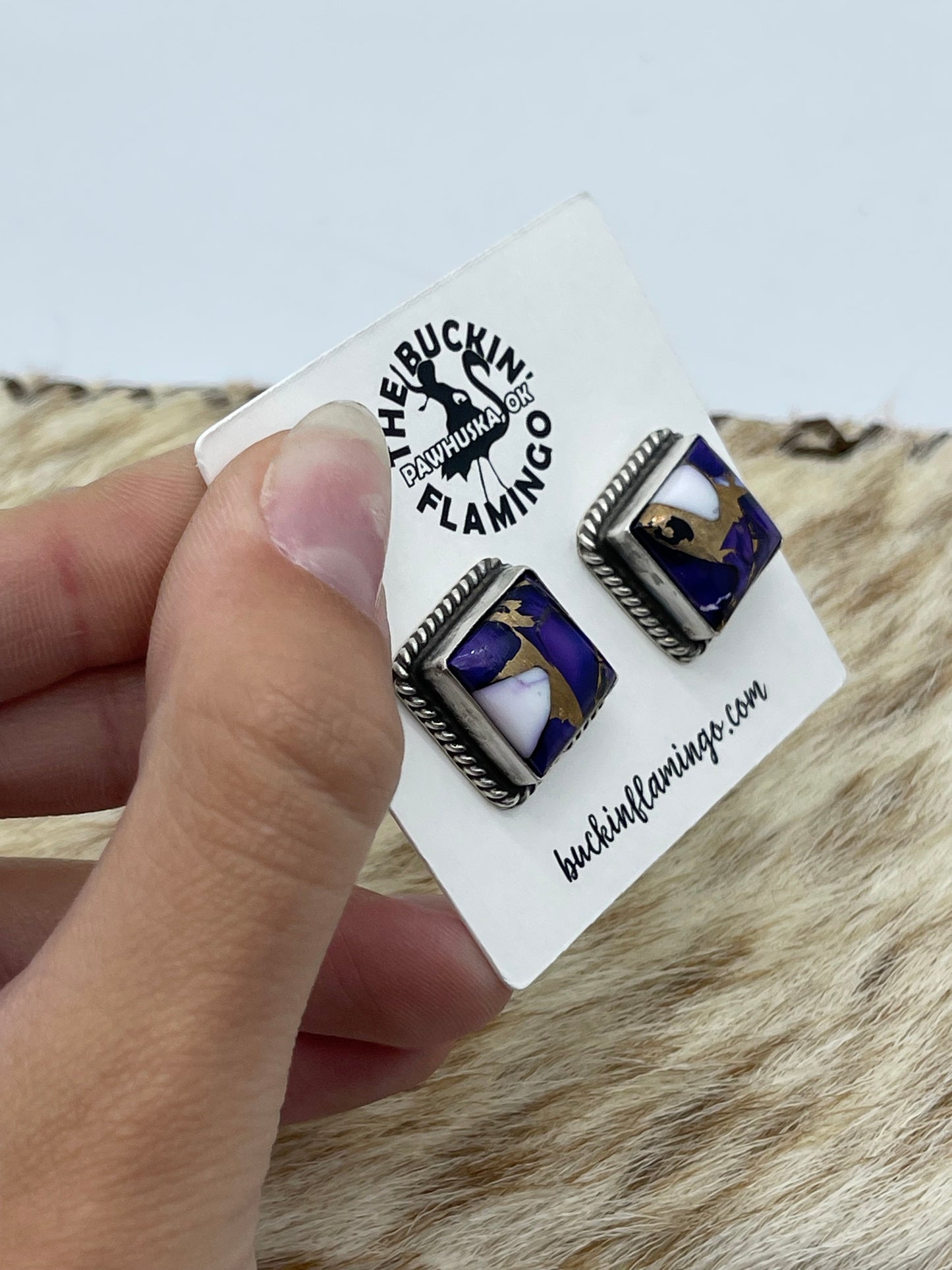 Lavender Dahlia Square Post Earrings by Judith Dixon, Navajo