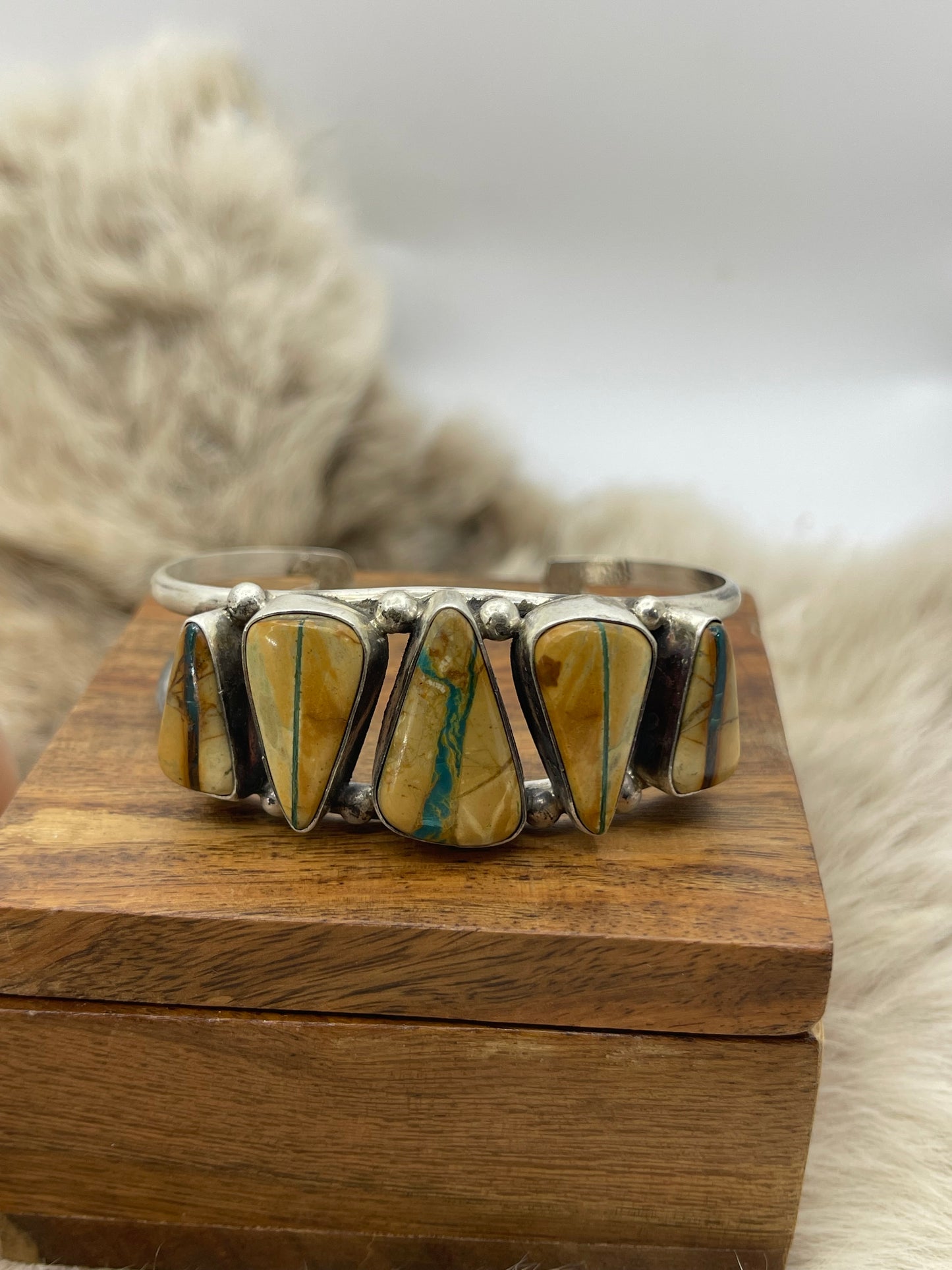 Ribbon Turquoise 5 Stone Cuff by Augustine Largo, Navajo 5.5"-7"