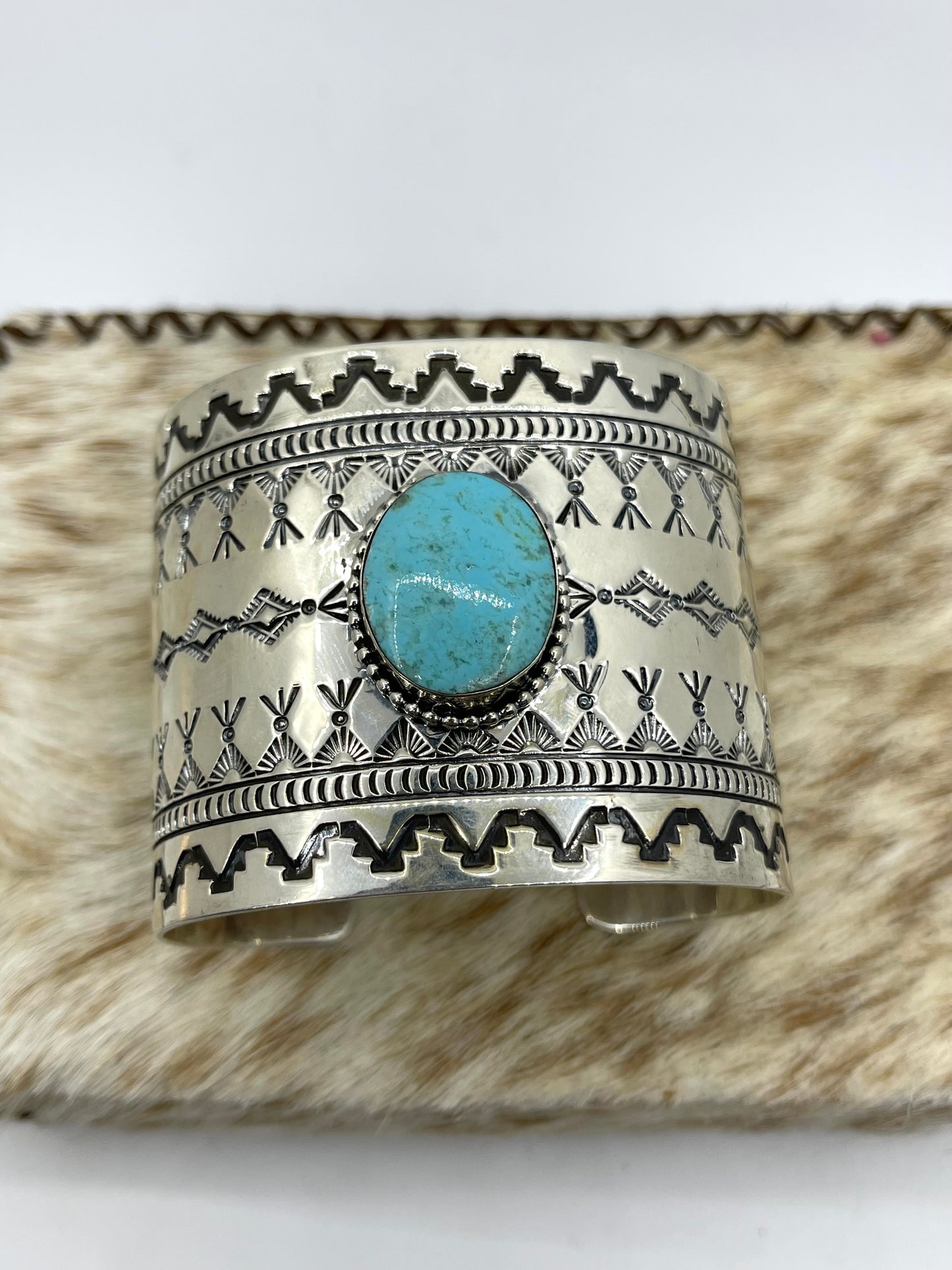 7" Silver Overlay Turquoise Cuff by Jennifer Cayaditto, Navajo