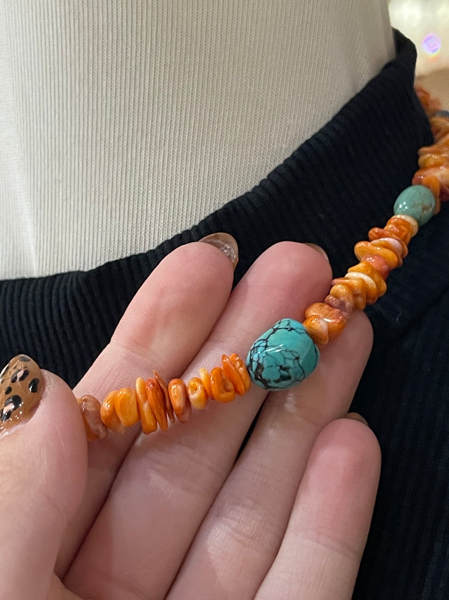18" Orange Spiny Oyster Shell Nuggets and Turquoise Necklace by Tammy Nolcott, Navajo