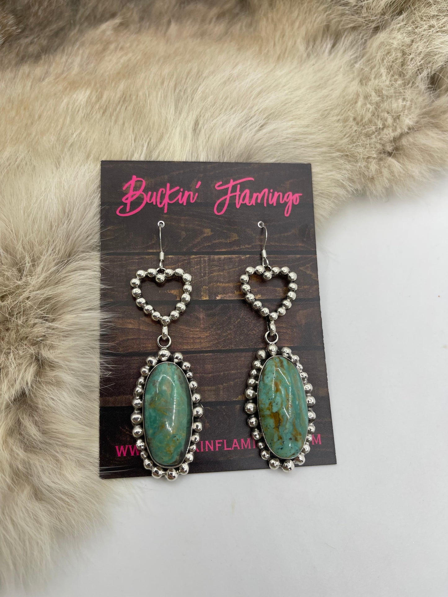 Silver Heart with Green Kingman Turquoise Dangle Earrings