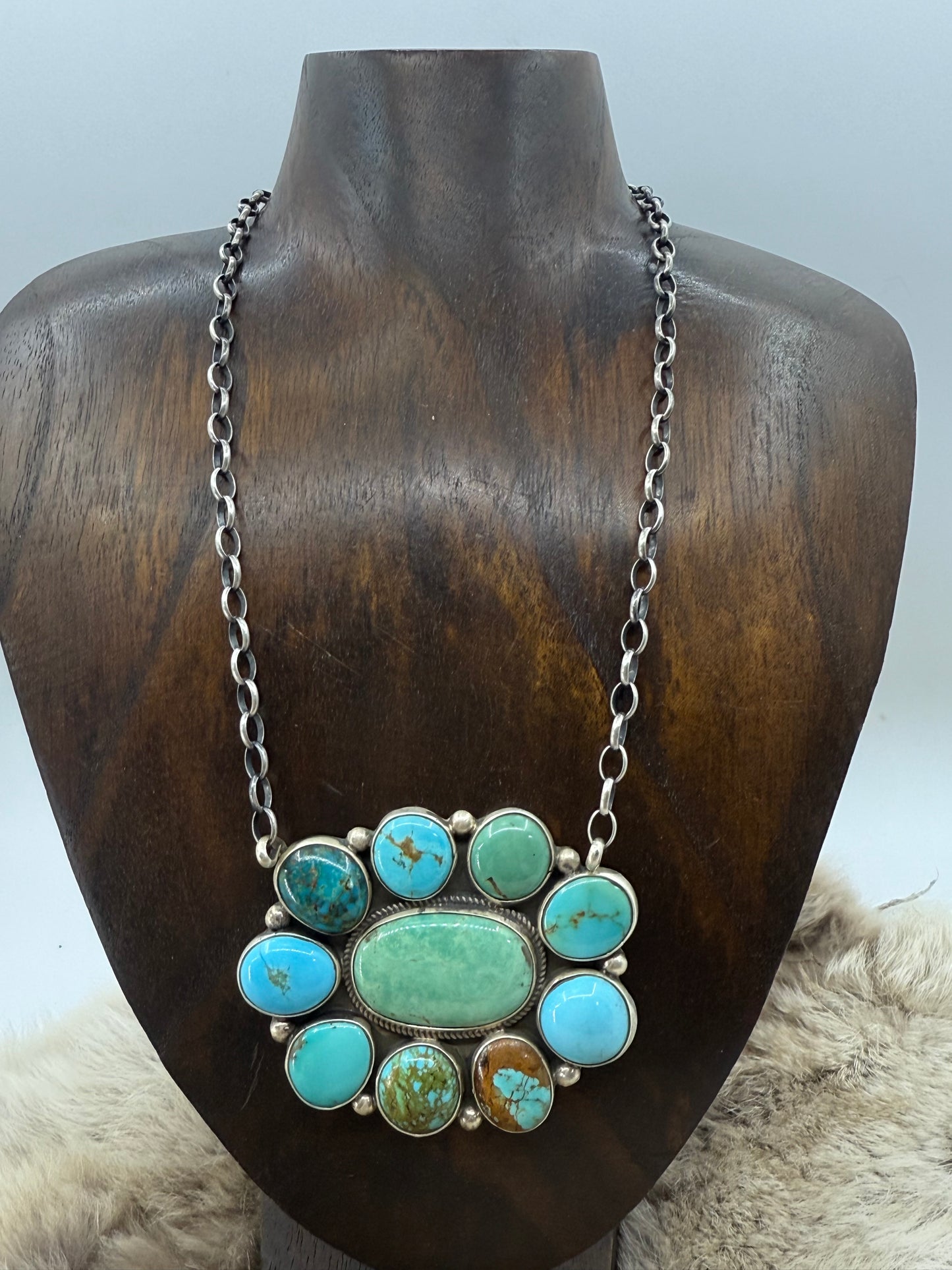 16" Large Kingman Turquoise Cluster Necklace by Geraldine James, Navajo