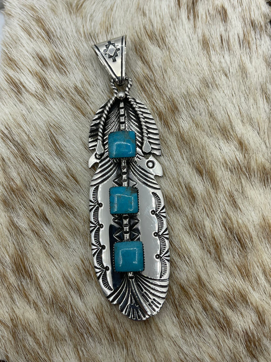 Stamped Feather Pendant with Turquoise Stones