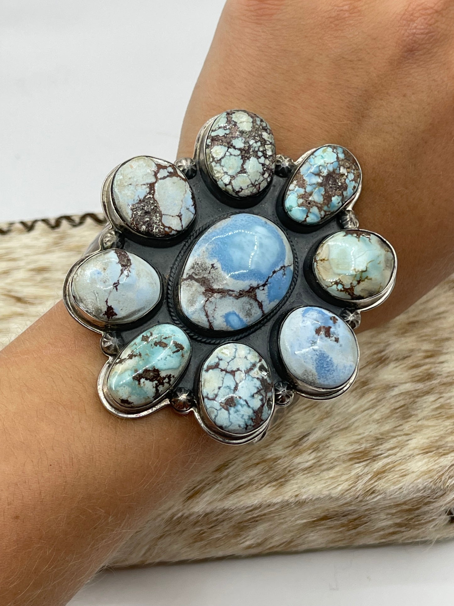 5 3/4"-7" Golden Hills Turquoise Cluster Cuff by Steven Nez, Navajo