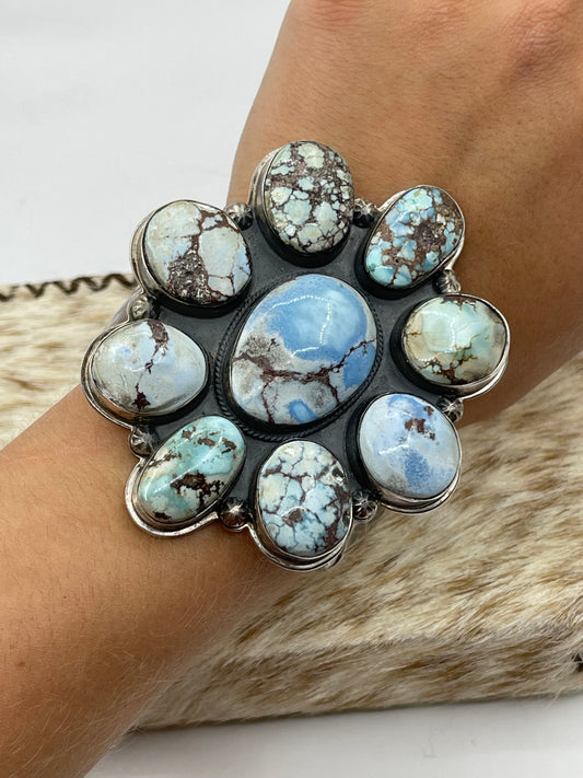5 3/4"-7" Golden Hills Turquoise Cluster Cuff by Steven Nez, Navajo