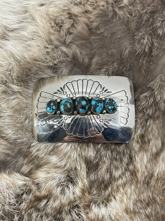 5 Stone Stamped Turquoise Belt Buckle by Jolene Begay, Navajo