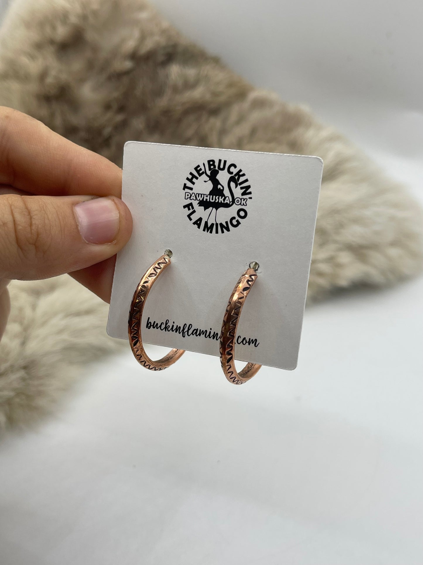 Stamped Copper Hoop Earrings by Elaine Tahe, Navajo