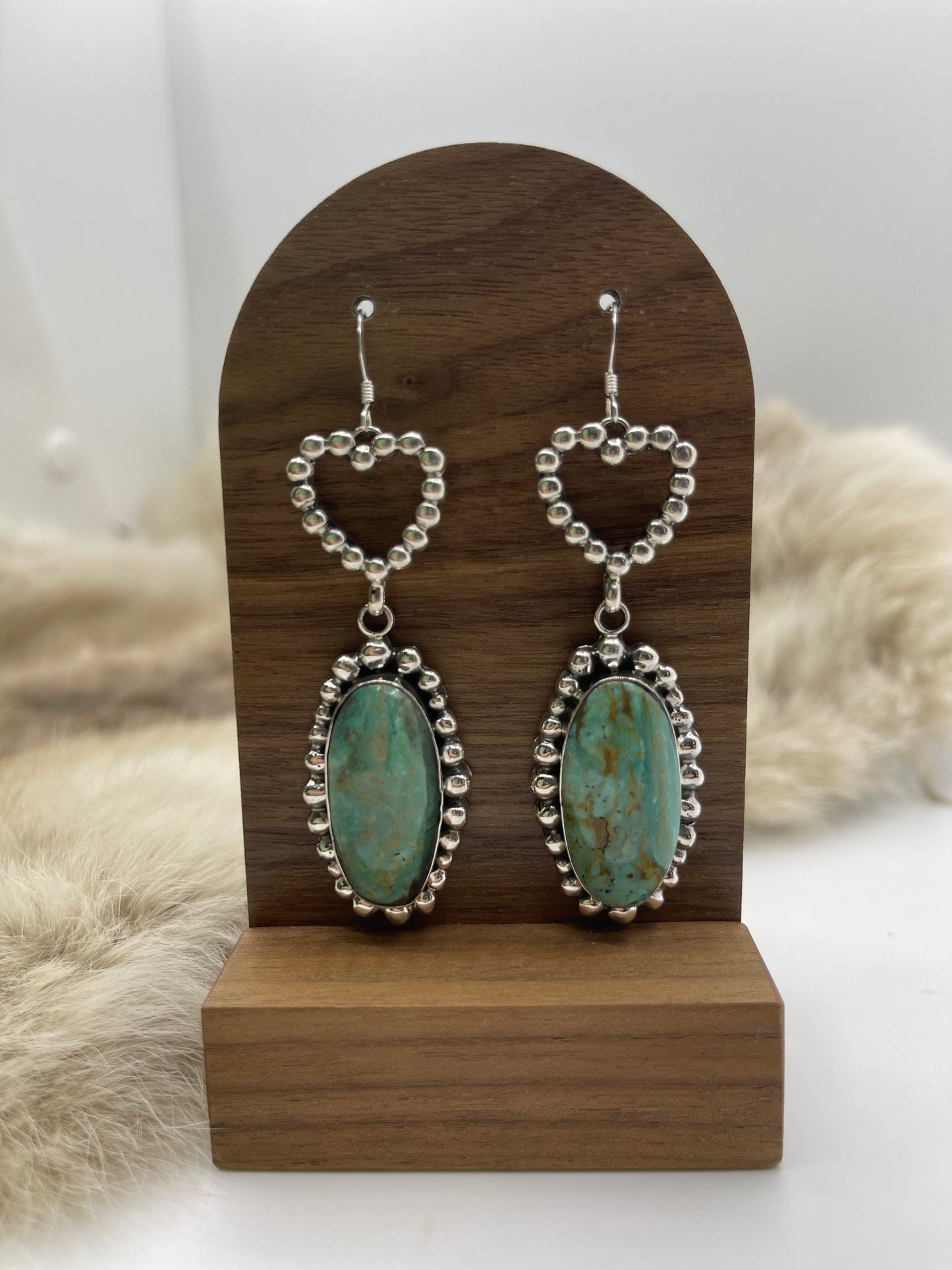 Silver Heart with Green Kingman Turquoise Dangle Earrings