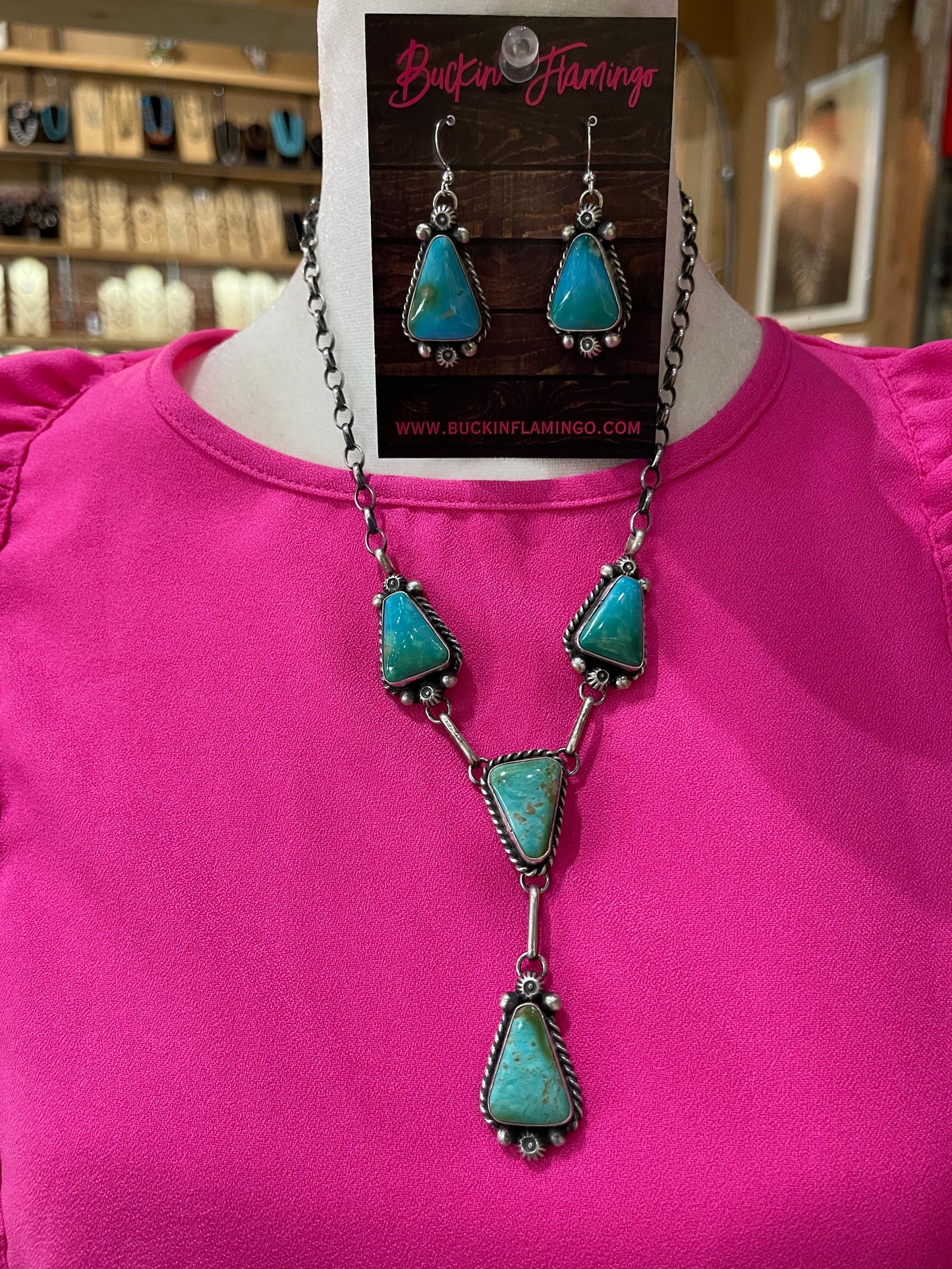18" Turquoise Lariat Necklace and Dangle Earrings Set by Augustine Largo, Navajo