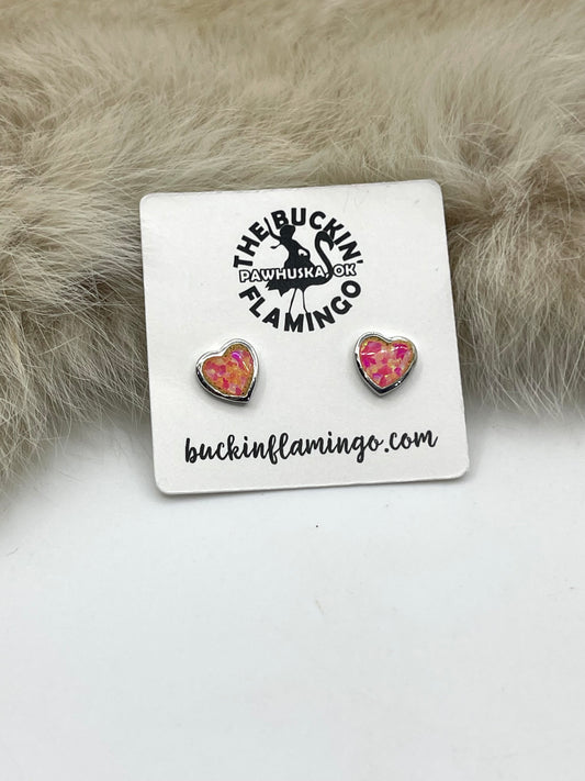 Pink Opal Heart Inlay Post Earrings